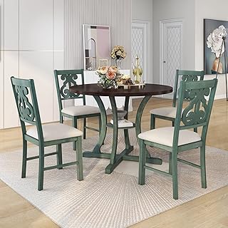 Merax 5 Piece Farmhouse Dining Table Set with Storage Shelf and Special-Shaped Legs, Round Table and 4 Hollow Chair Back, Dark Brown,Viridian