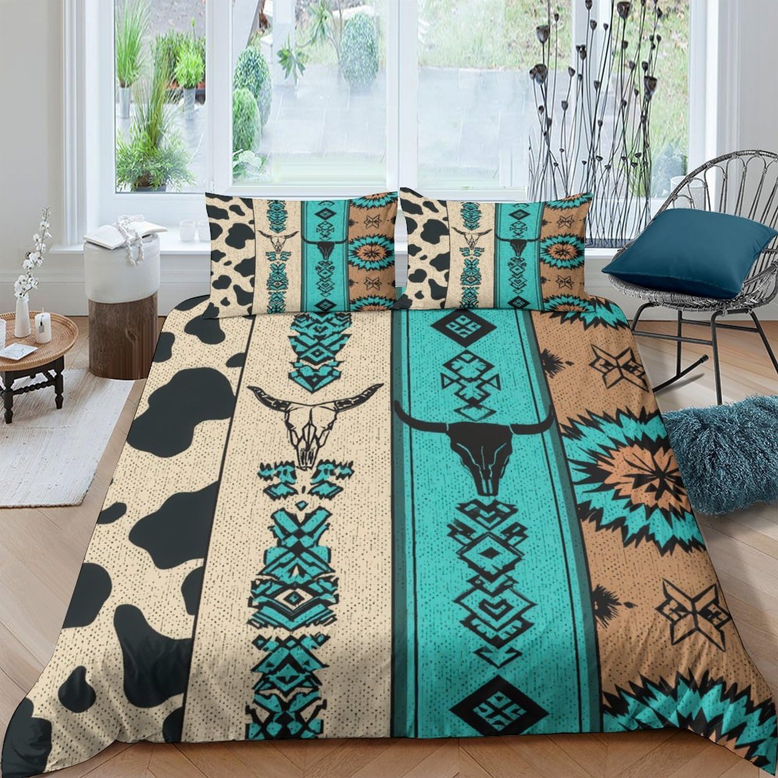 Ctjqhvkz Style-8 3D Printed Western Cow Pattern Fitted Sheet Microfiber Turquoise Aztec Bed Cover Anti-Slip For Bedroom Guestroom Decor Single（135X200cm）