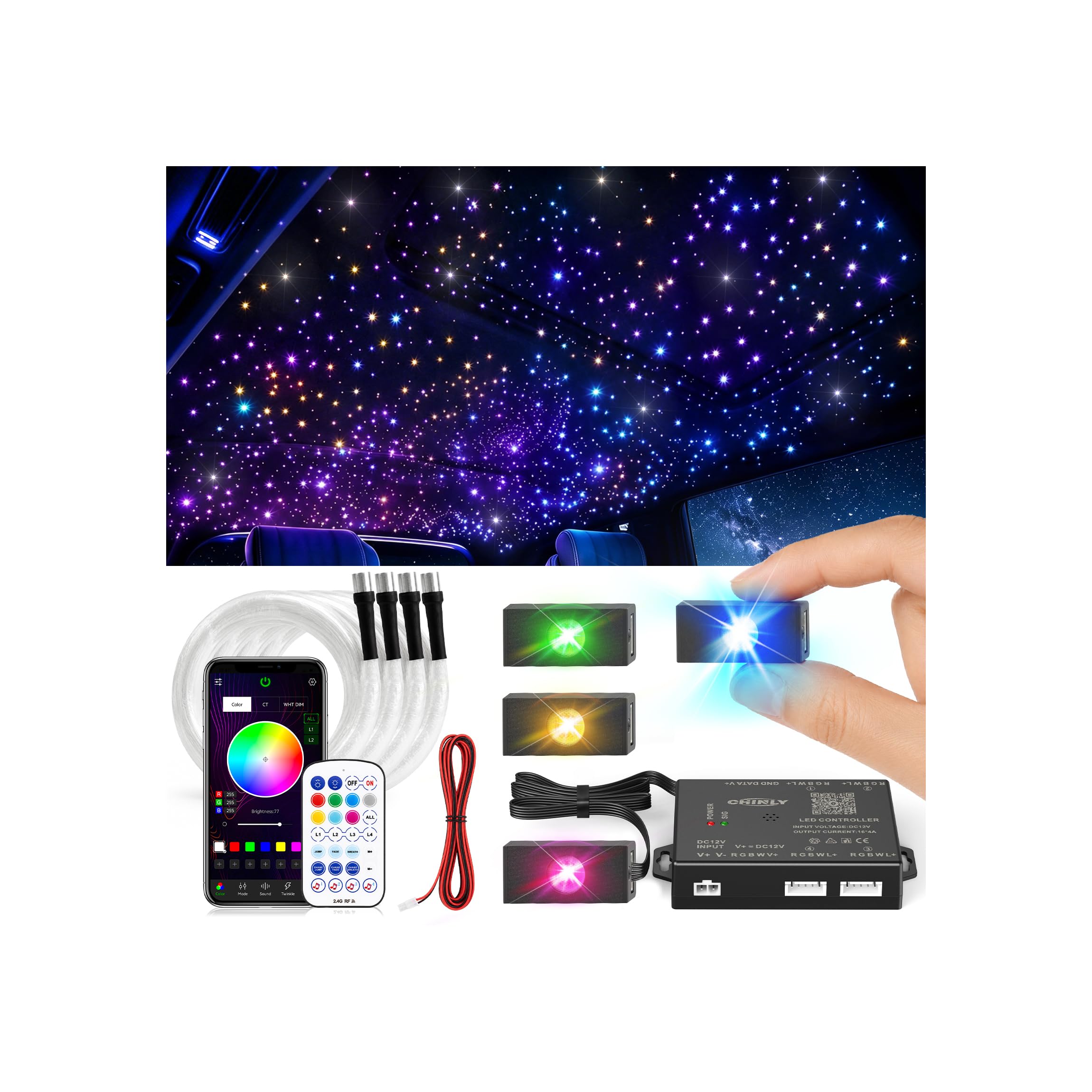 CHINLY 800Pcs Split Starlight Headliner Kit, 4 Light Heads 0.02in 4.92ft RGBW Star Lights for Car, 16W Starlight Kit APP/Remote Control, Flexible Wiring for Car Roof Ceiling