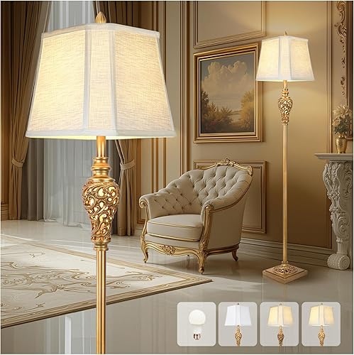 Lámpara de pie vintage de granja con luz nocturna, lámpara de pie de 65 pulgadas de alto con pantalla de tela de lino blanco, acabado dorado