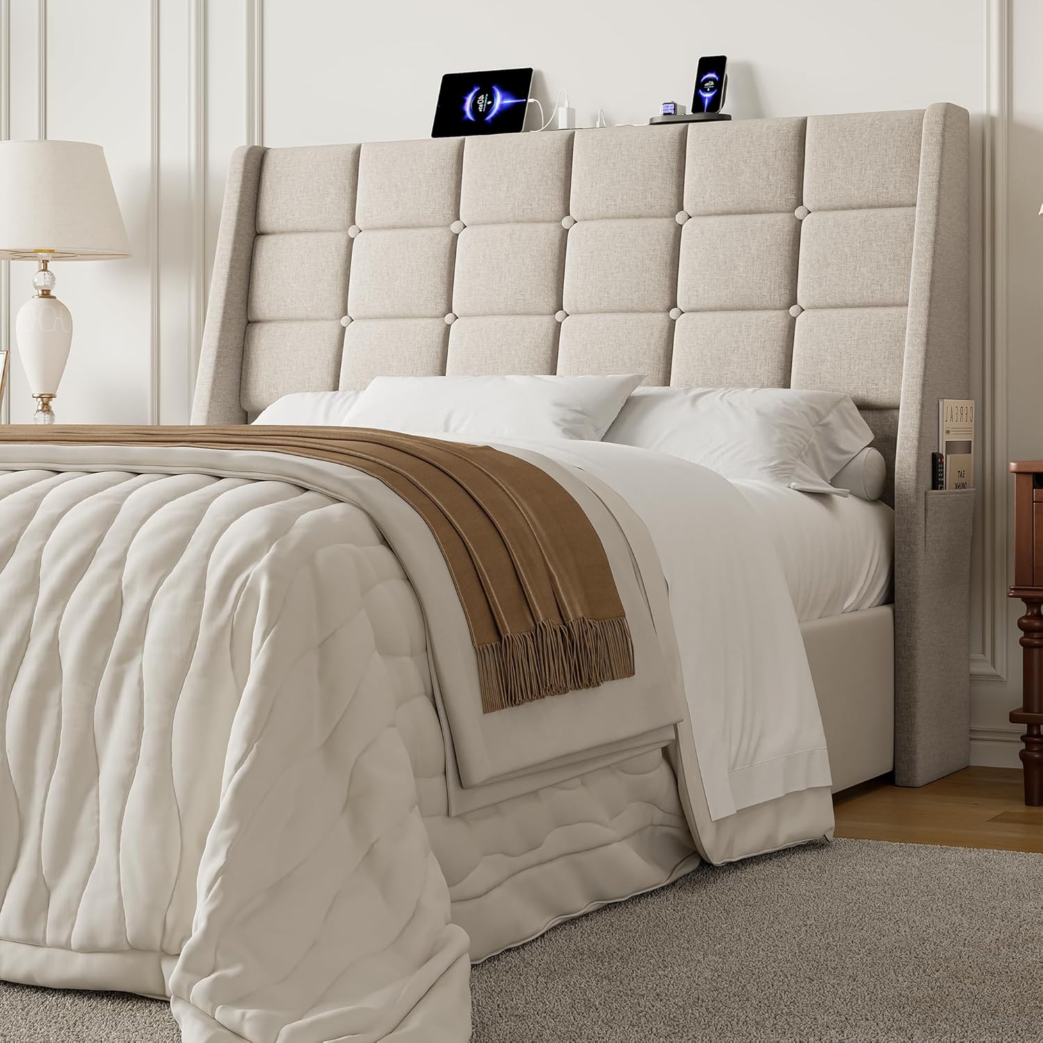 Full Size Headboard with Charging Station, Ergonomic Upholstered Linen Headboards Only, Wingback Wood Bed Head Board with Storage Pocket, Bed Frame Adapters, White Beige