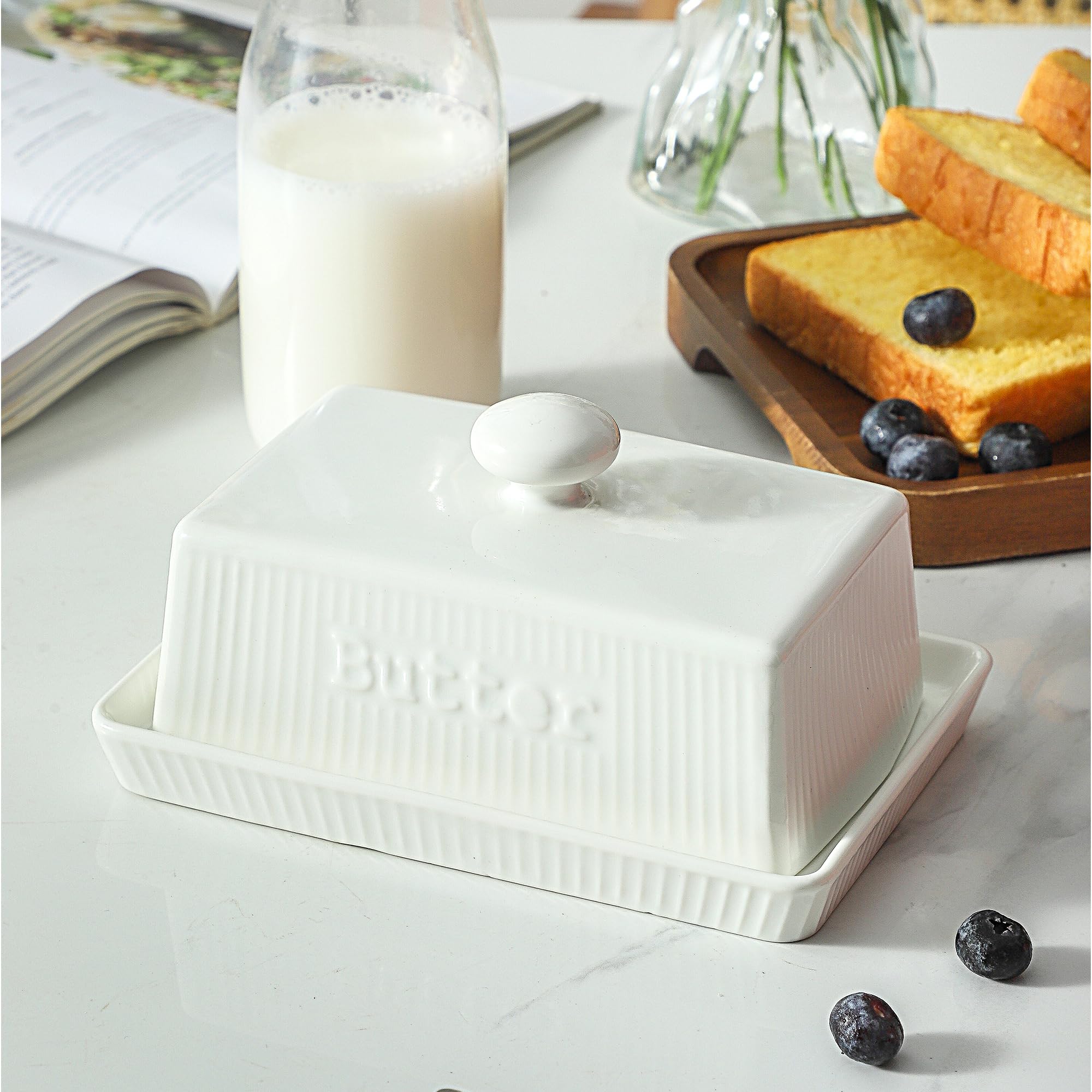 weiß Butterdose Keramik für 250g Butter, rechteckige Butterglocke, Butterschale mit Deckel und Griff, Butterbox Spülmaschinenfest, Butterbehälter im Landhausstil für Haus und Küche