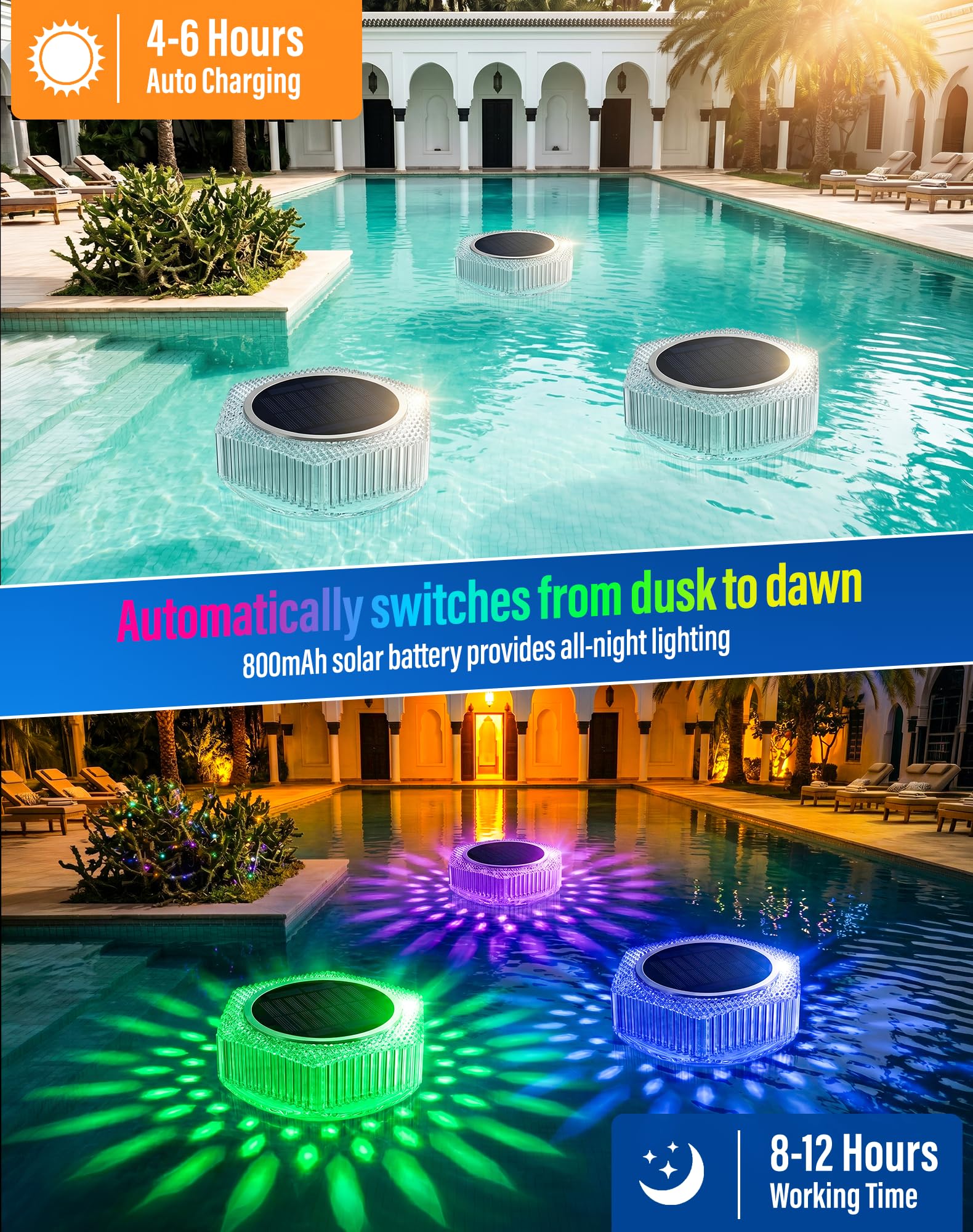 BUCASA Solar Schwimmende Poolleuchten mit Fernbedienung, IP68 wasserdicht, 4 Stück | Kompakte schwimmende Lichter verleihen Pools, Whirlpools und Teichen ein sanftes Leuchten