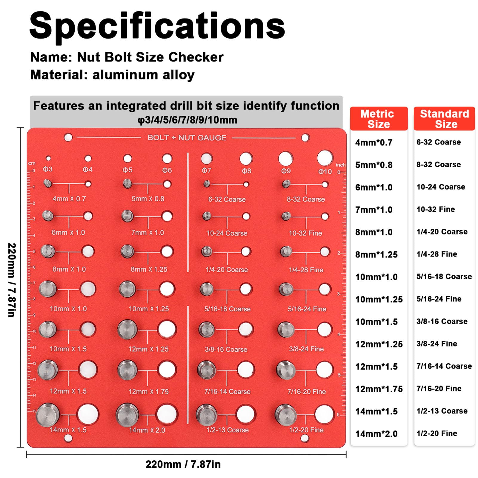 Testeur De Filetage, 28 Tailles de Filetages et 8 Tailles de Tonalités, Vérificateur Filetages en Aluminium, Nut & Bolt Thread Checker, pour Mesurer Dimension des Écrous et des Boulons