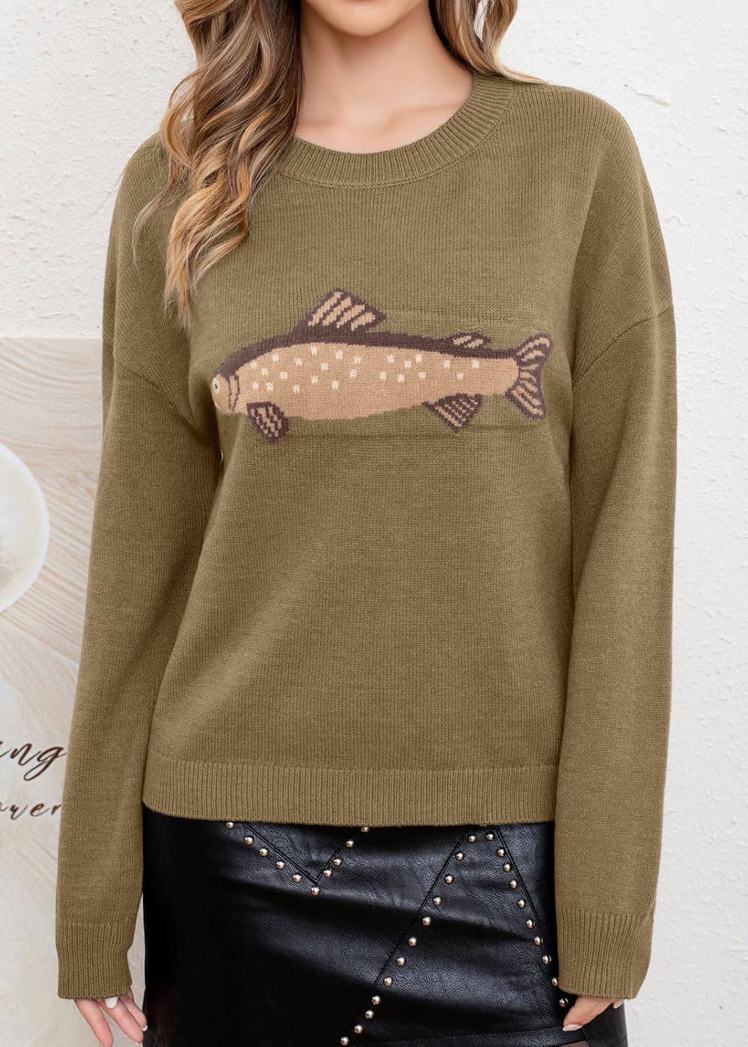 CHARTOU Women Fashion Crew Neck Rib Knit Crucian Carp Graphic Oversized Y2k Pullover Sweater Jumper - Image 2