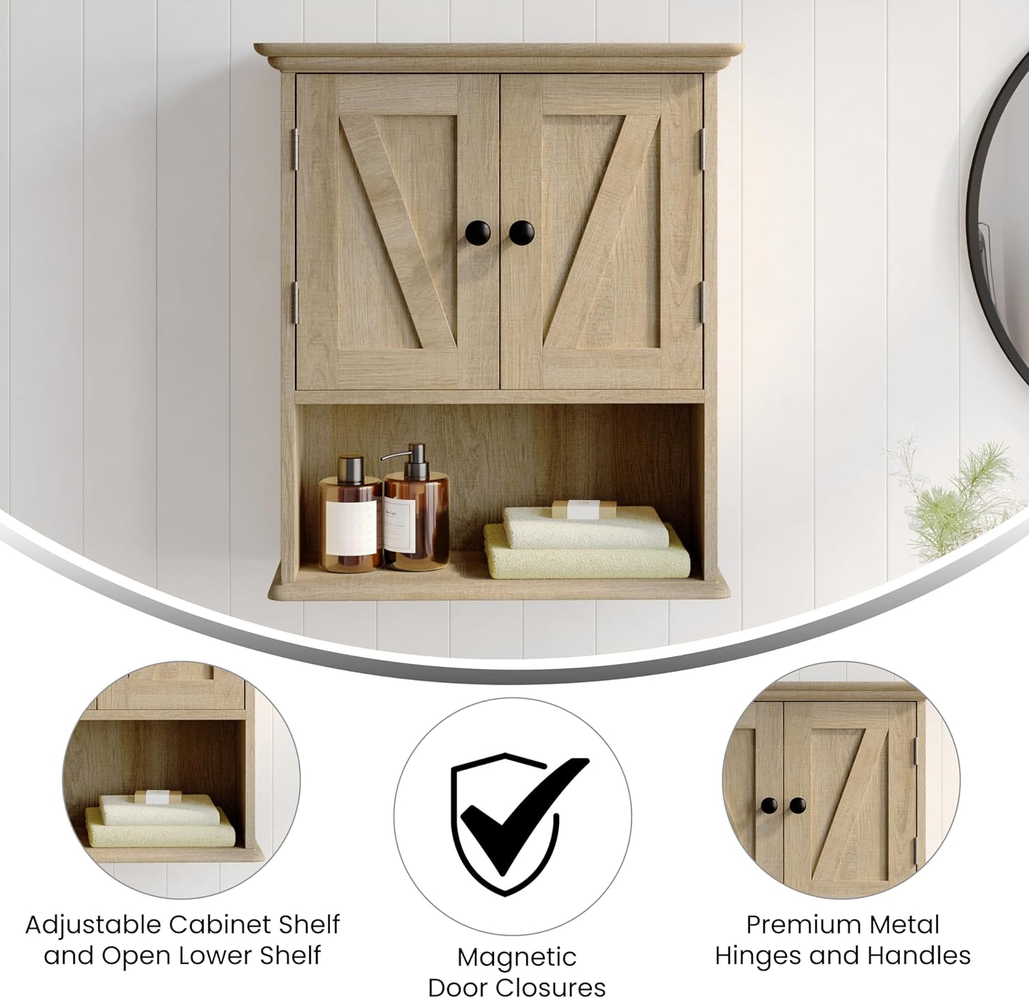 Flash Furniture Dune Farmhouse Wall Mounted Bathroom Medicine Cabinet Storage Organizer, Magnetic Closure Doors, in-Cabinet Adjustable Shelf, Lower Open Shelf, Brown