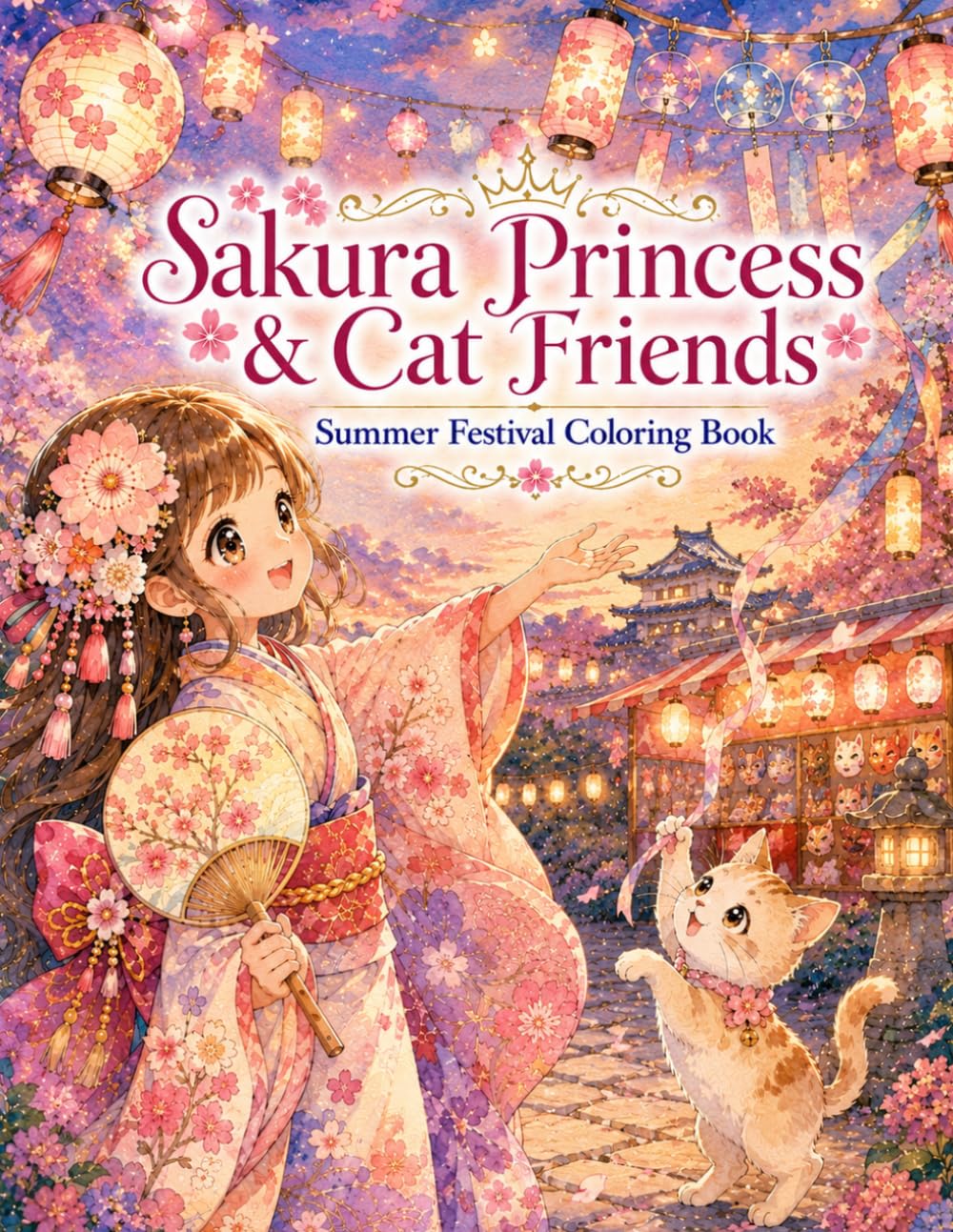 Sakura Princess & Cat Friends: Summer Festival Coloring Book: 25 Cozy Japanese Summer Festival Scenes for Kids Ages 6–10