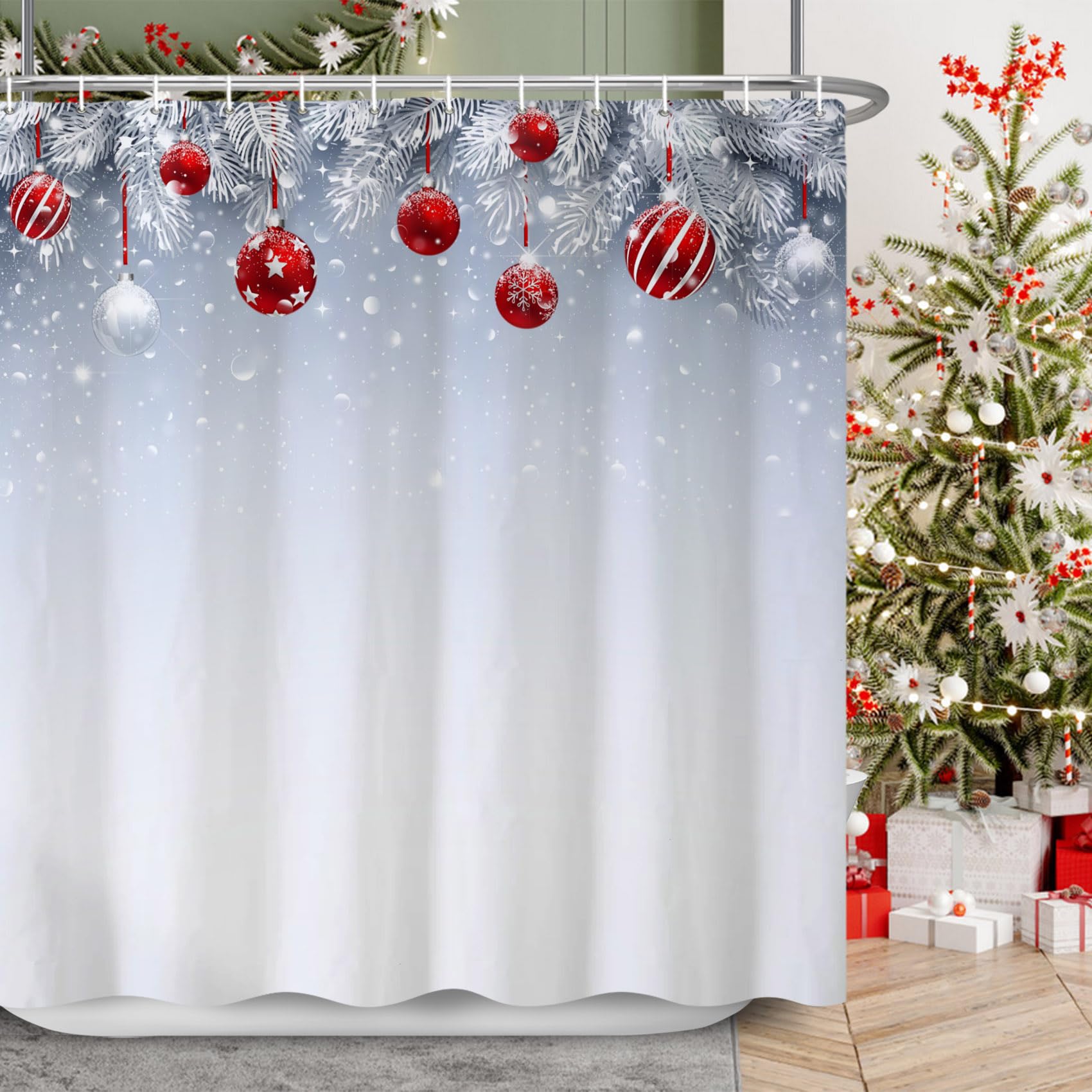 Tenda Doccia Natalizia Con Fiocchi Di Neve - Tessuto Bianco 3D