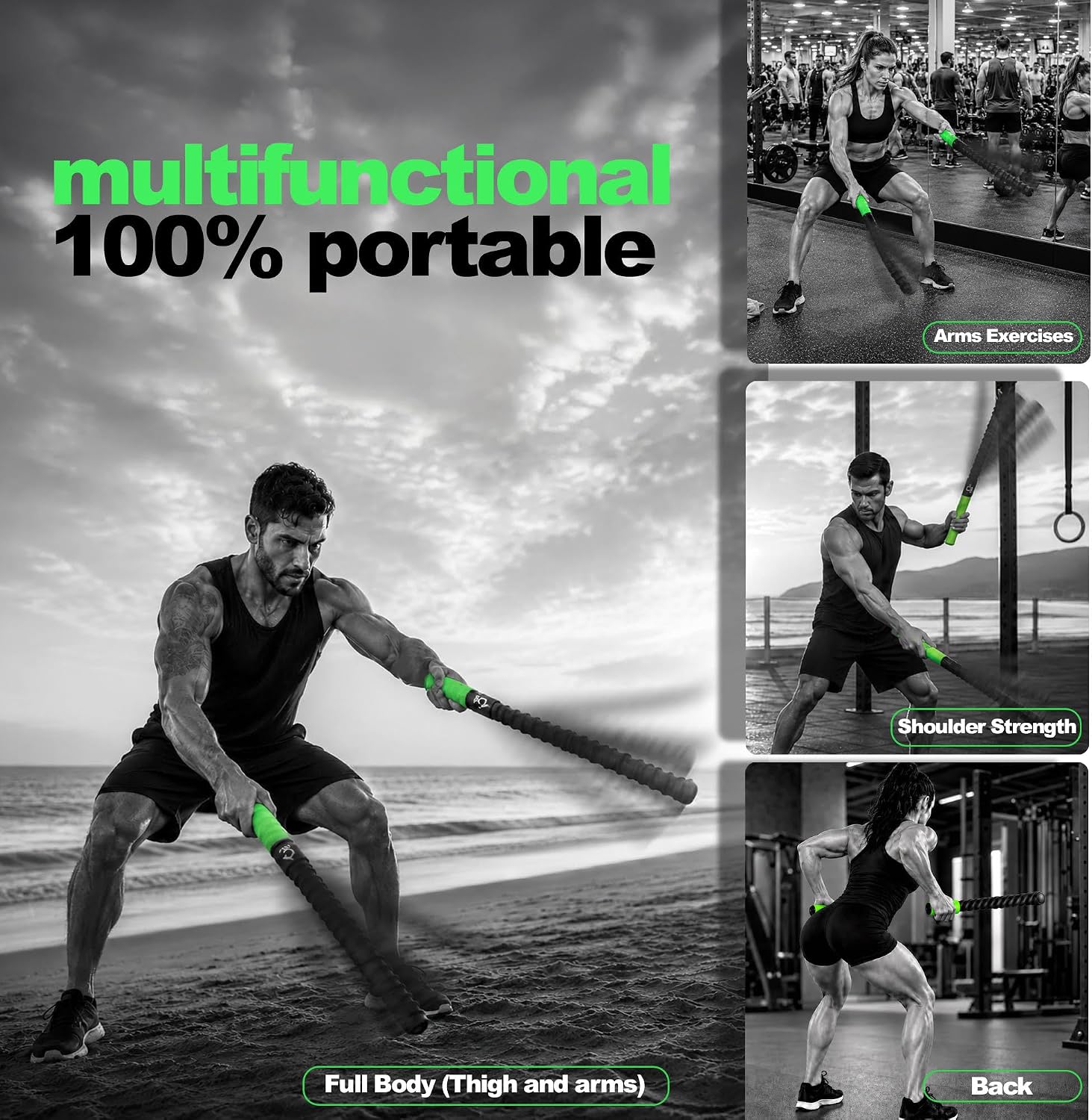 COAL Weighted Ropeless Battle Ropes with Grip Tape Handles for Home Gym | Exercise Battle Ropes for Strength Building - Heavy Duty Fitness Rope for HIIT & Cardio Workouts - Gym Equipment for Unisex