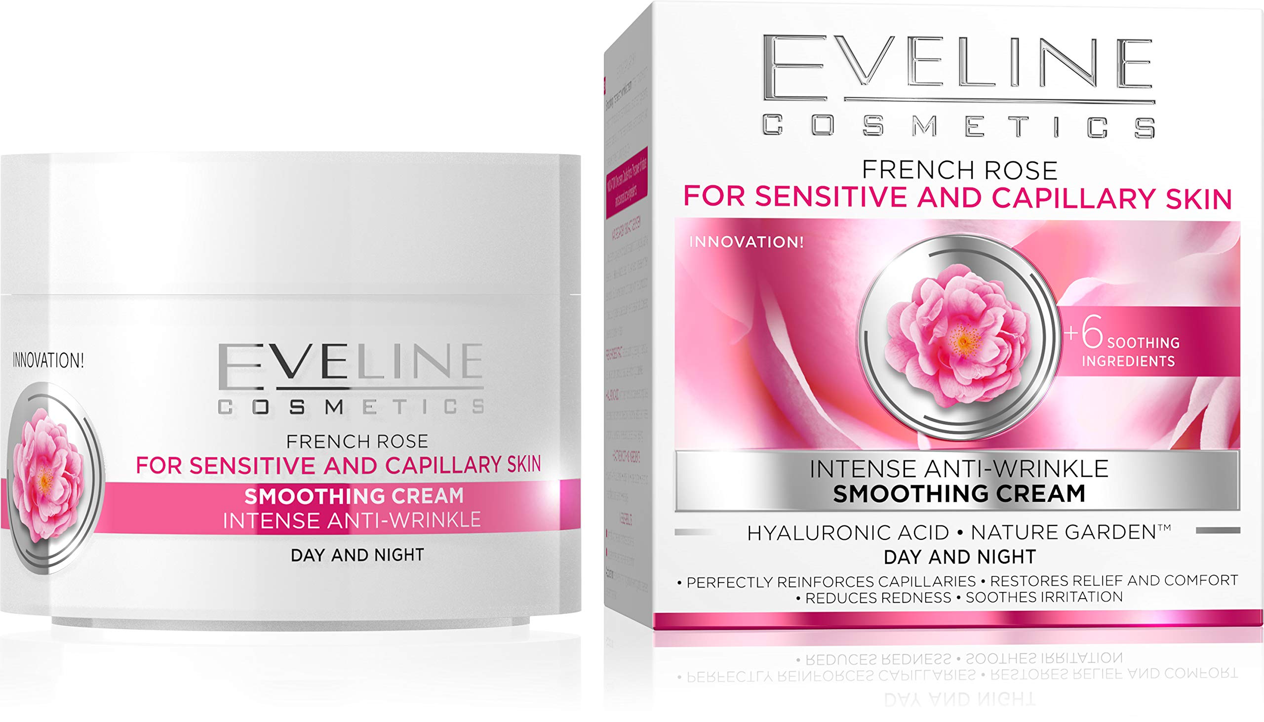 Eveline CosmeticsEveline Anti-Redness Day/Night Cream with Rose - Smoothing Anti-Wrinkle Formula for Sensitive and Capillary Skin, 50ml