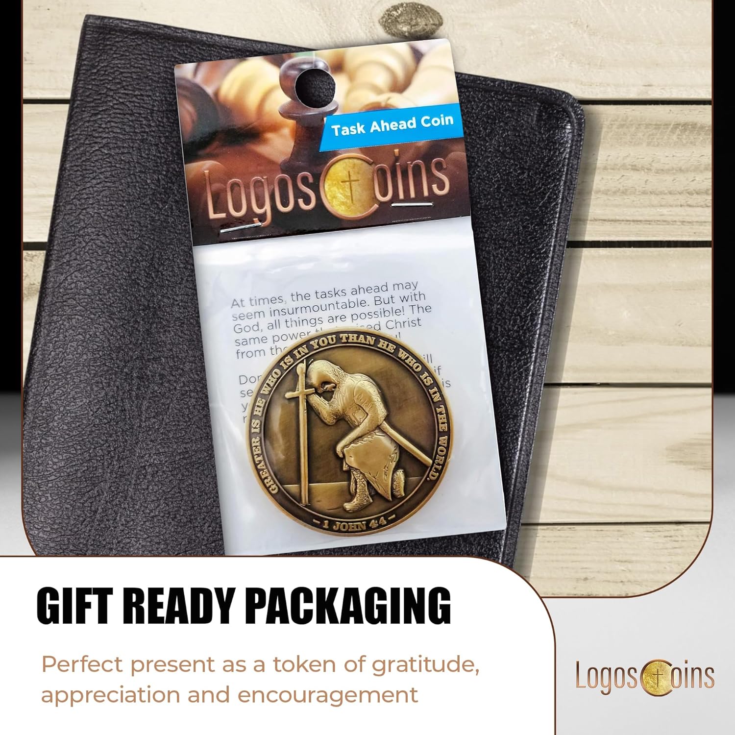 The Task Ahead Coin, Bulk Pack of 3, I Can Do All Things, Challenge Coins, Antique Gold-Color Plated, Featuring a Kneeling Knight Templar and Philippians 4:15