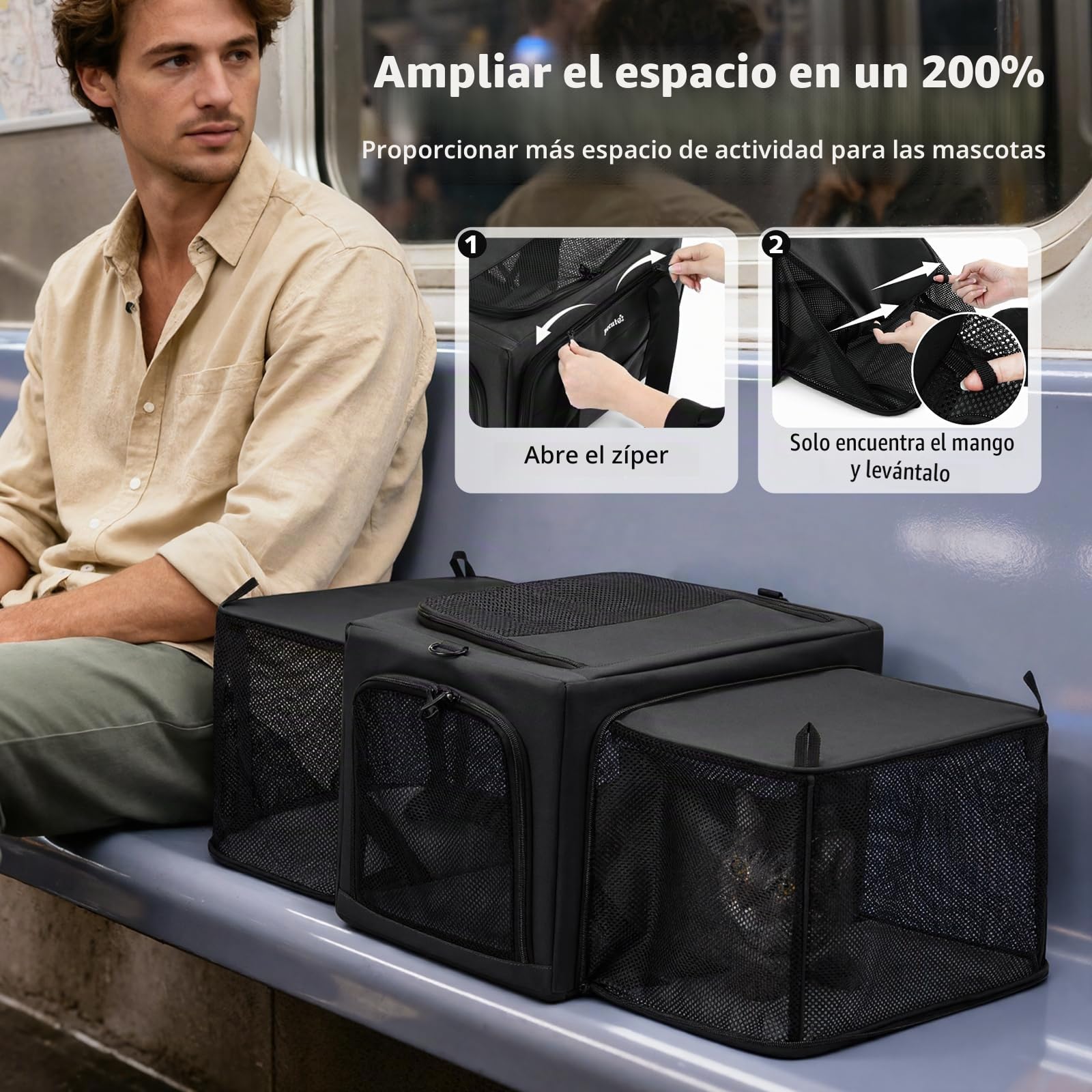Pecute Transportador para Gatos expandible, Extra Estable, Tela de Malla Transpirable, transportador Grande para Gatos con área Oculta, transportador Suave para Mascotas, Viajes, Camping, Salidas