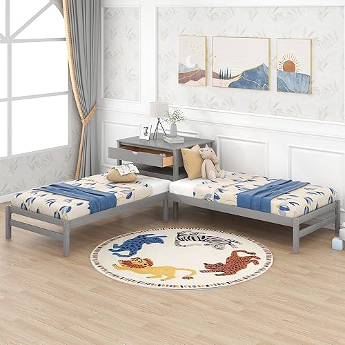 HYC Cama de madera en forma de L con cajones y escritorio integrado cama de madera para adolescentes cama individual en forma de L 2 camas en una