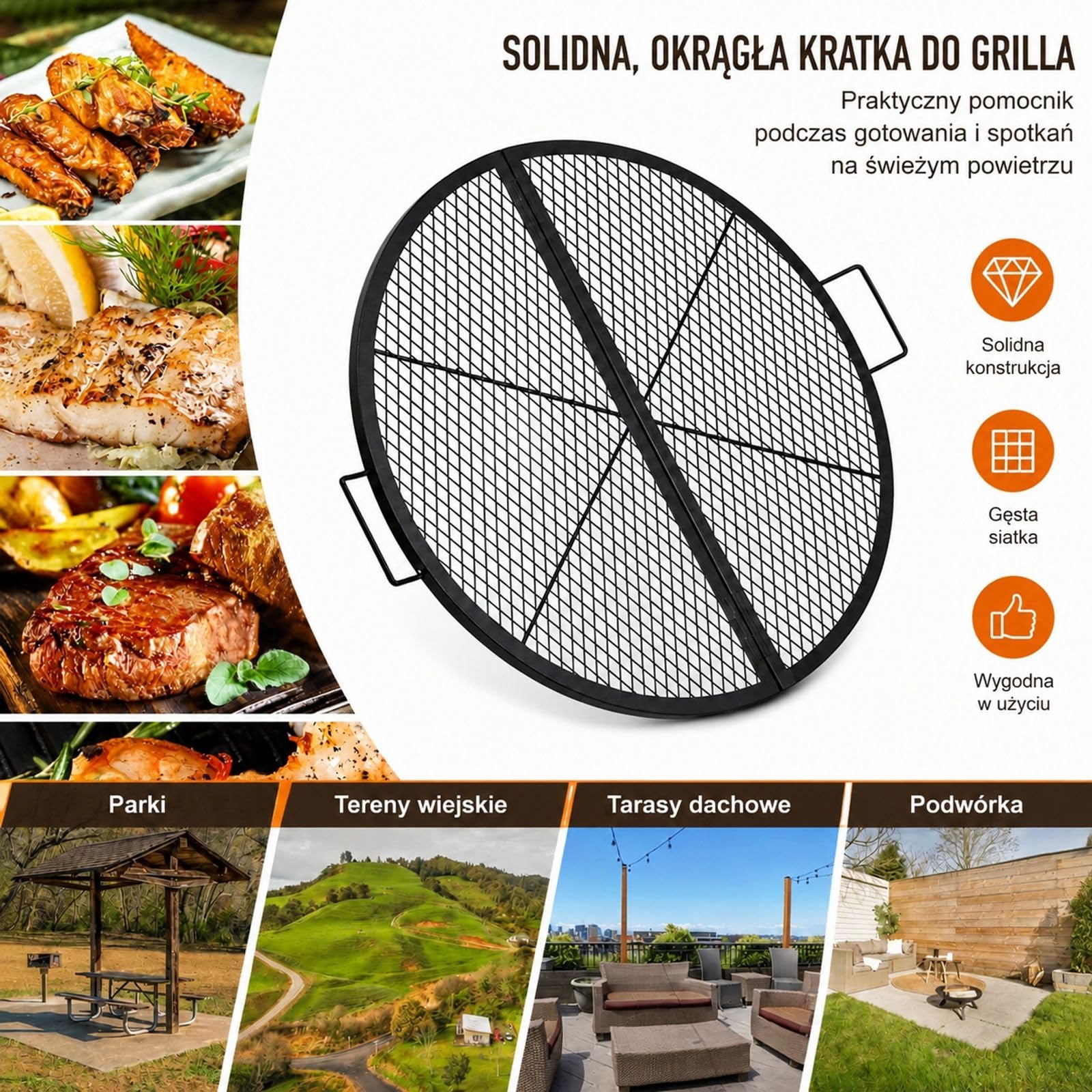 Okrągły stalowy ruszt do paleniska, składana kratka BBQ w kształcie X z uchwytem i podporą na kemping, taras oraz gotowanie na zewnątrz, czarny
