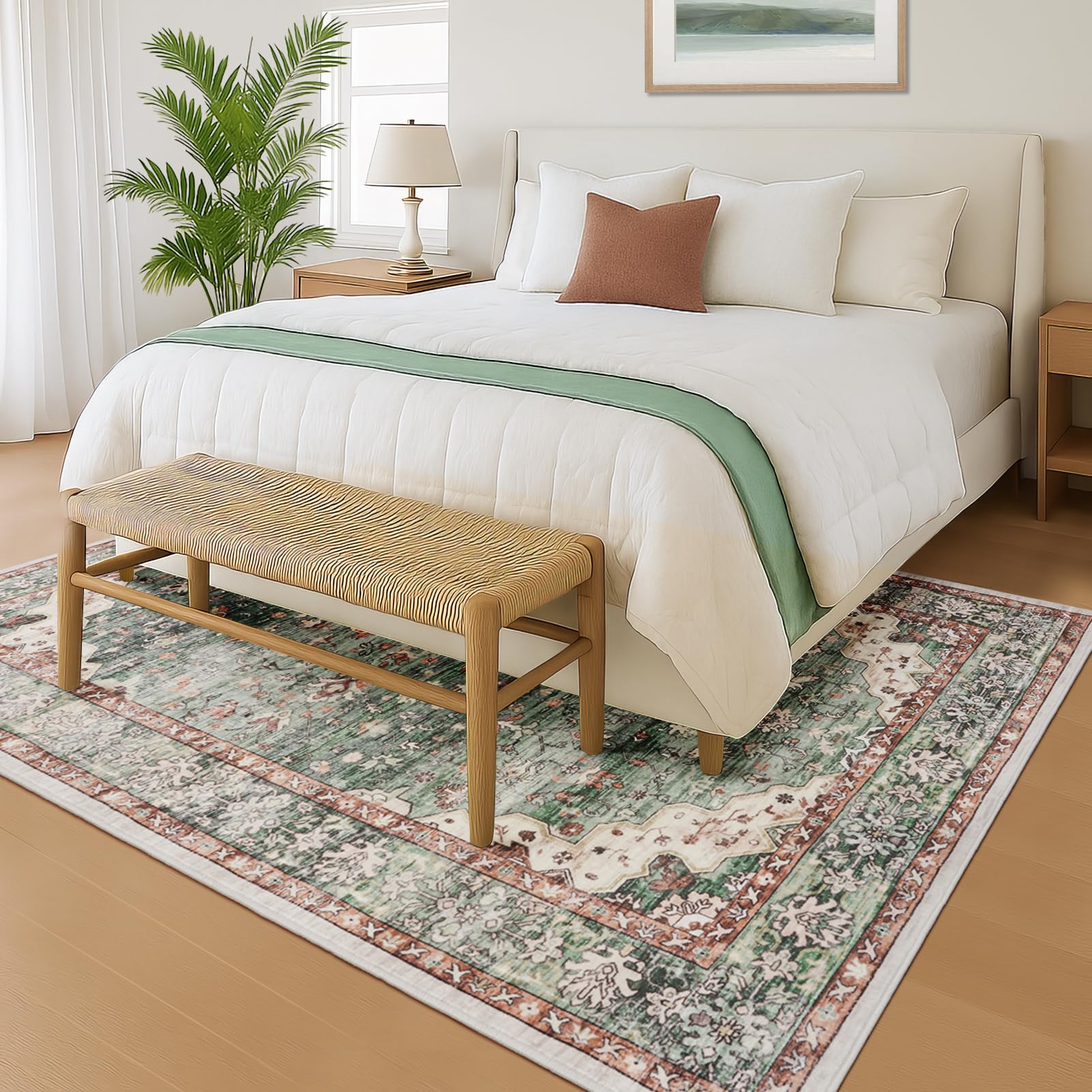 Topfinel Washable Rugs for Living Room 160x230cm, Boho Vintage Green Area Rug with Non-Slip Backing - Image 4