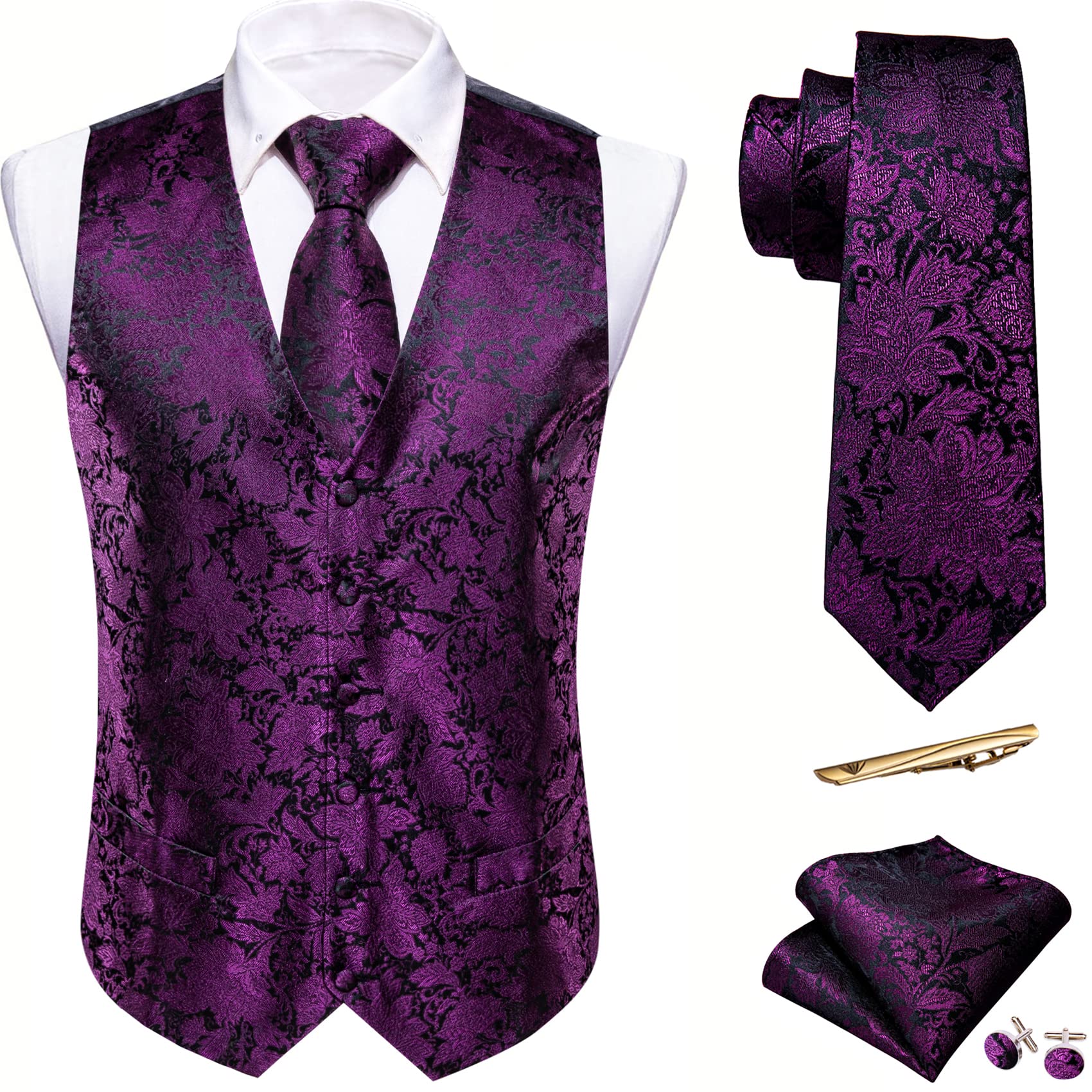 Barry.Wang Flower Ties for Men Handkerchief Cufflinks Set Wedding Necktie Set