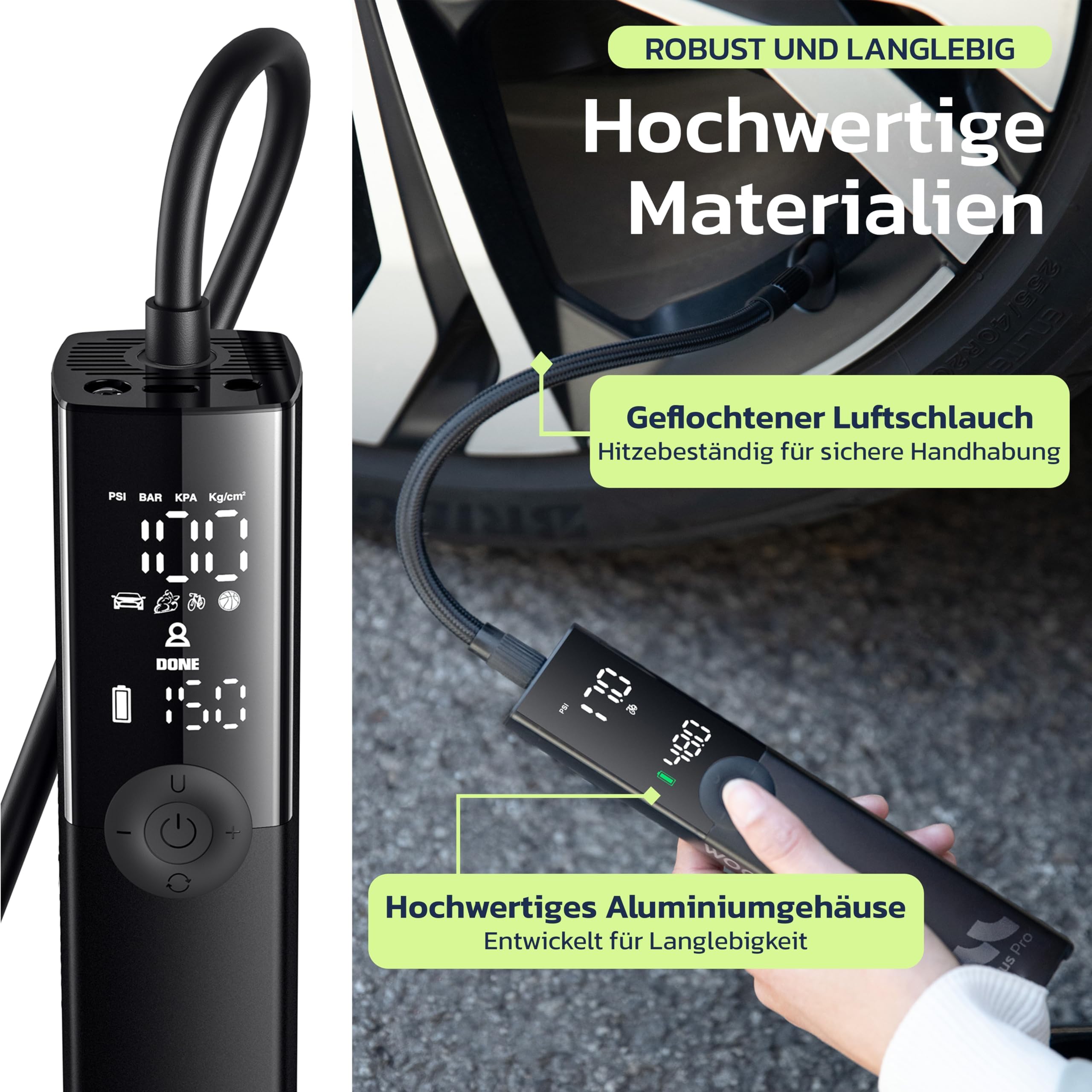 Woowind Ventus Pro Elektrische Luftpumpe, 150PSI/10,3Bar Akku Kompressor, 12V-Kabel für SUVs & Offroad-Reifen, Auto-Stopp