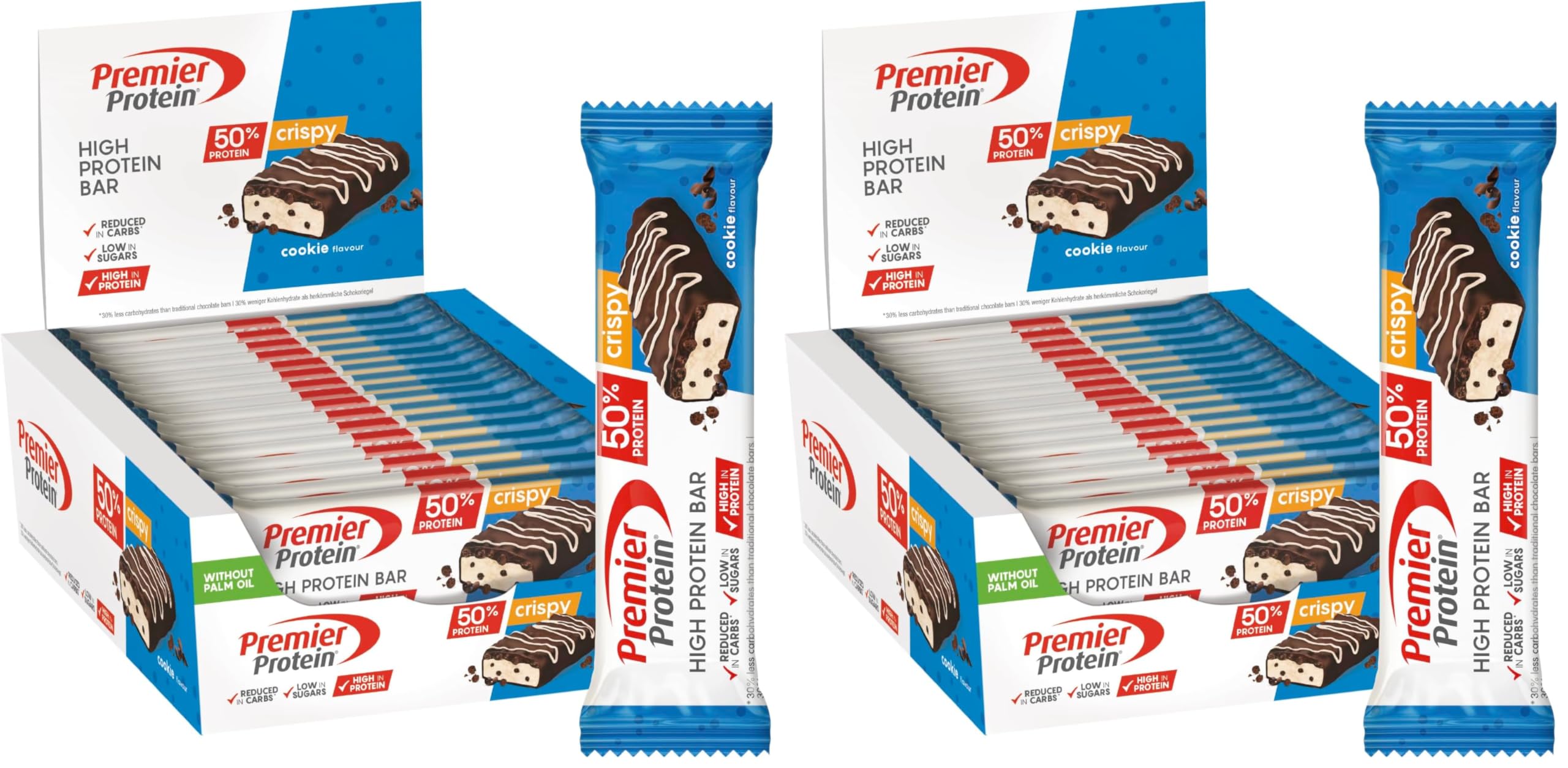 Premier Protein - High Protein Bar 50%+Crispy - Cookie - 16x40g - Low Sugar - Low Carb - palmölfrei (Packung mit 2)