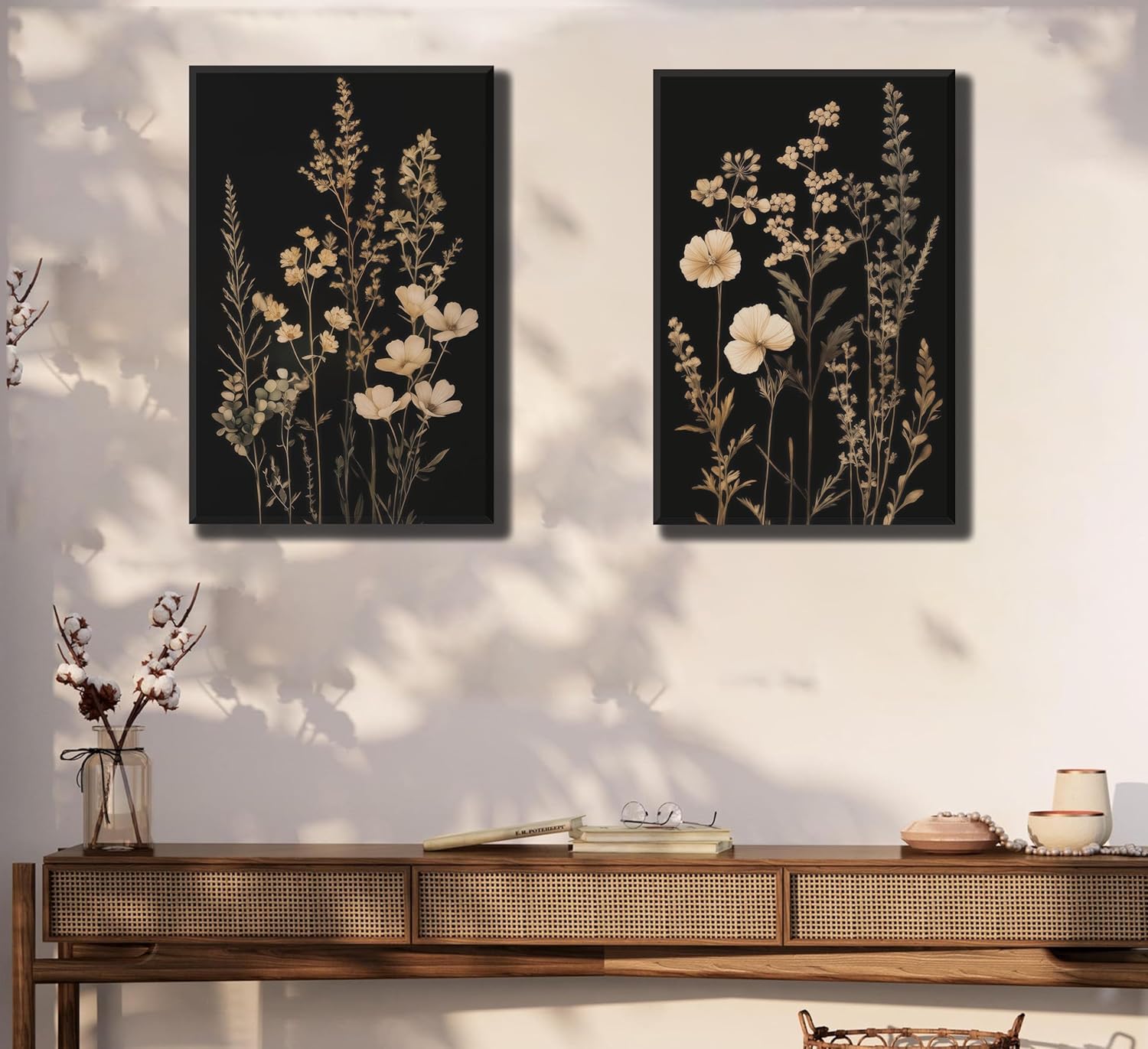 2Psc Dark Botanical Wall Art Vintage Black Flower Painting Picture Wall Decor Moody Flower Poster Print Artwork for Living Room Bedroom or Office Home Decoration 16x24 Inch