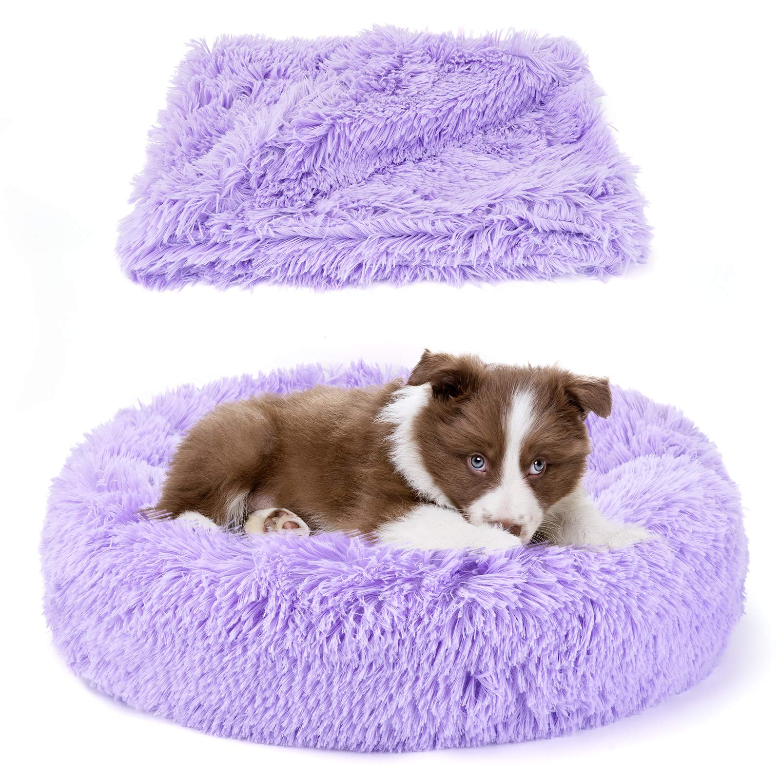 Belababy Donut Dog Cat Bed, Calming Doughnut Fluffy Dog Cat Bed Small Medium Large Washable with Soft Plush, Anti Anxiety Round Dog Puppy Bed with Anti-Slip Bottom (XS, Purple)