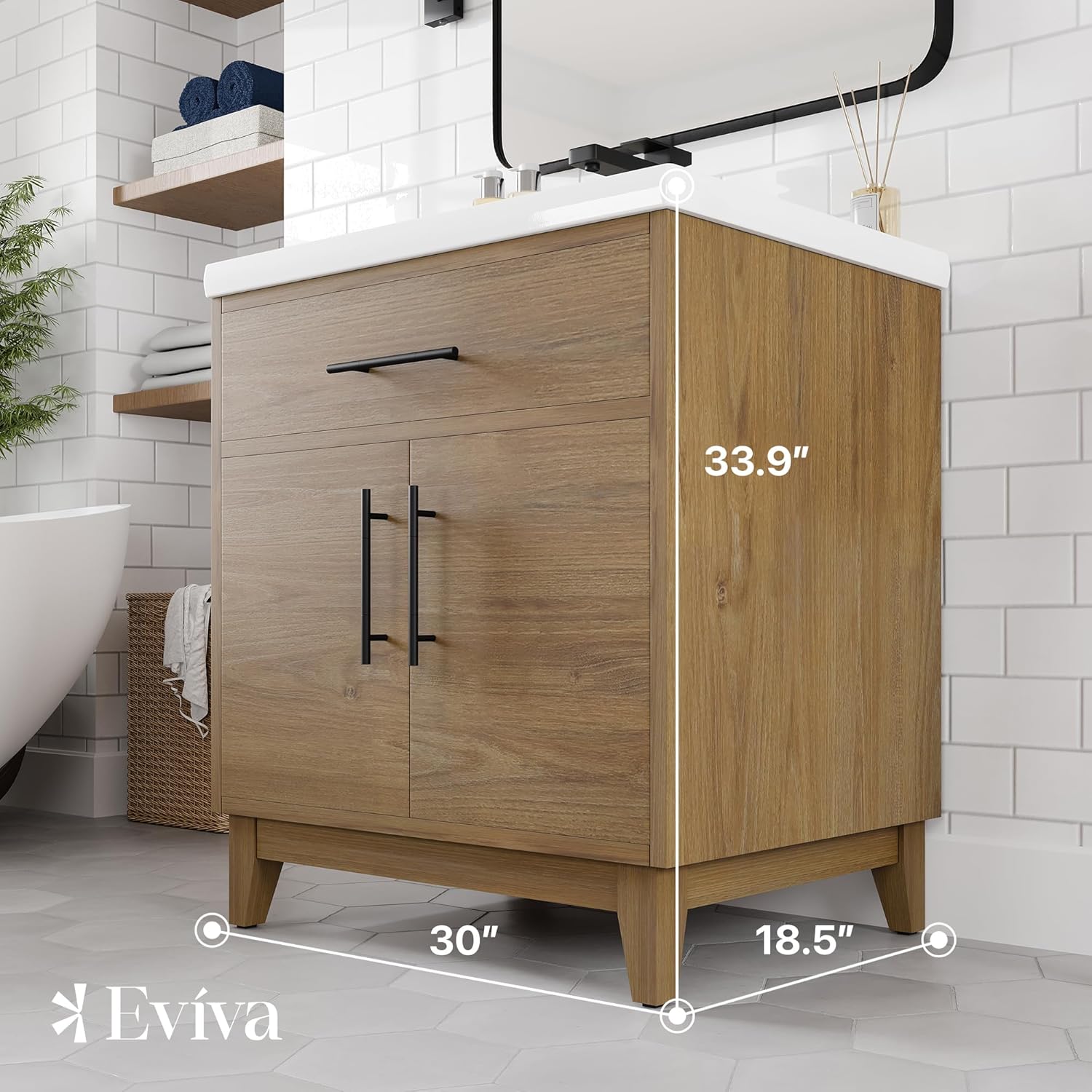 Eviva Graham 30 in. Oak Single Sink Bath Vanity with Porcelain Top and Integrated Sink
