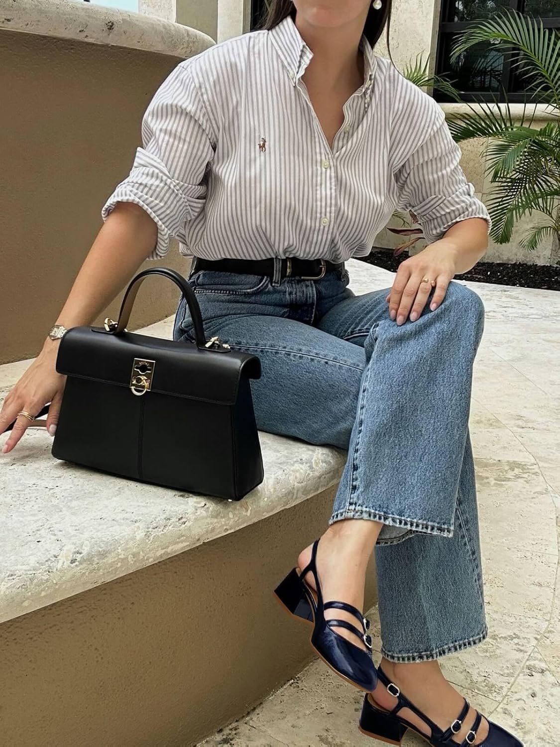 Coutgo Women's Mary Jane Chunky Low Heels Slingback Pumps Closed Square Toe Wedding Dress Shoes - Image 3