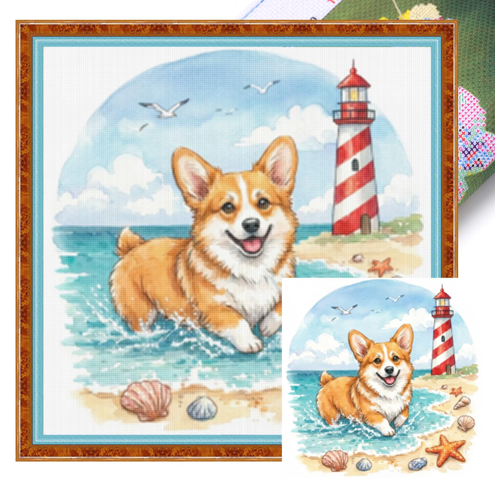 Poetrydraw Corgi On The Beach Full 14Ct Diy Stamped Cross Stitch Kits 11.81X11.81inch Embroidery Needlepoint Starter Kits For Beginners Adults Home Decor (Corgi)