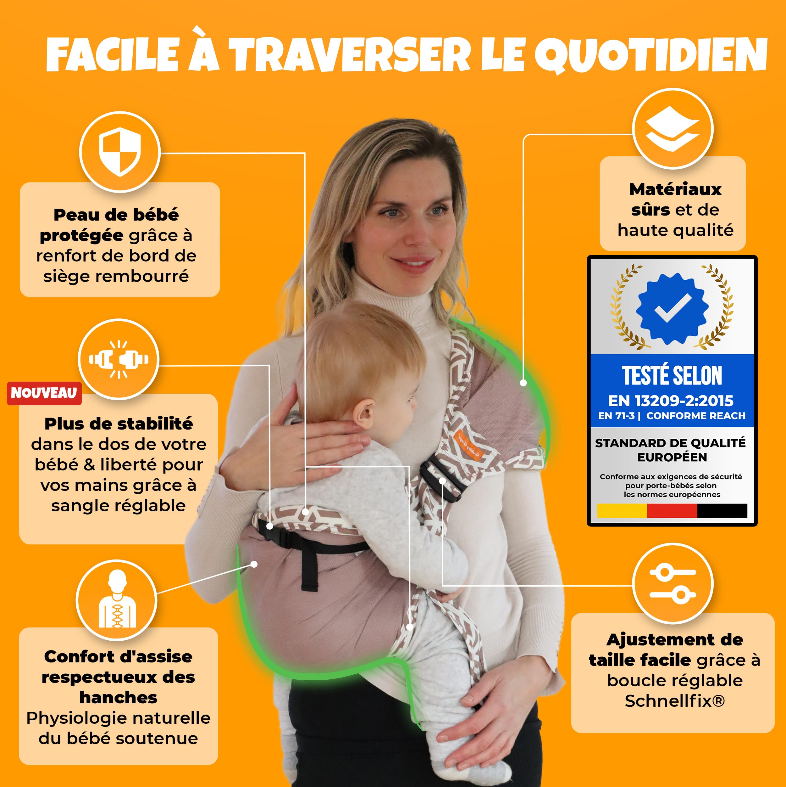 GUBBY GUPS Porte-Bébé Hanche Ergonomique V3.0 – Portage Bébé Latéral Léger Compact 15 kg
