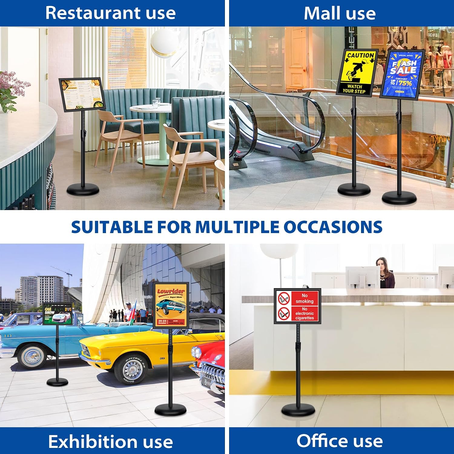 4 Pack Sign Holder Stands - 8.5 x11 inch Standing Sign Stand, Adjustable Poster Sign Holder Pedestal Floor Sign Stand, Aluminum Snap Open Frame for Vertical & Horizontal View Sign Stand, Black