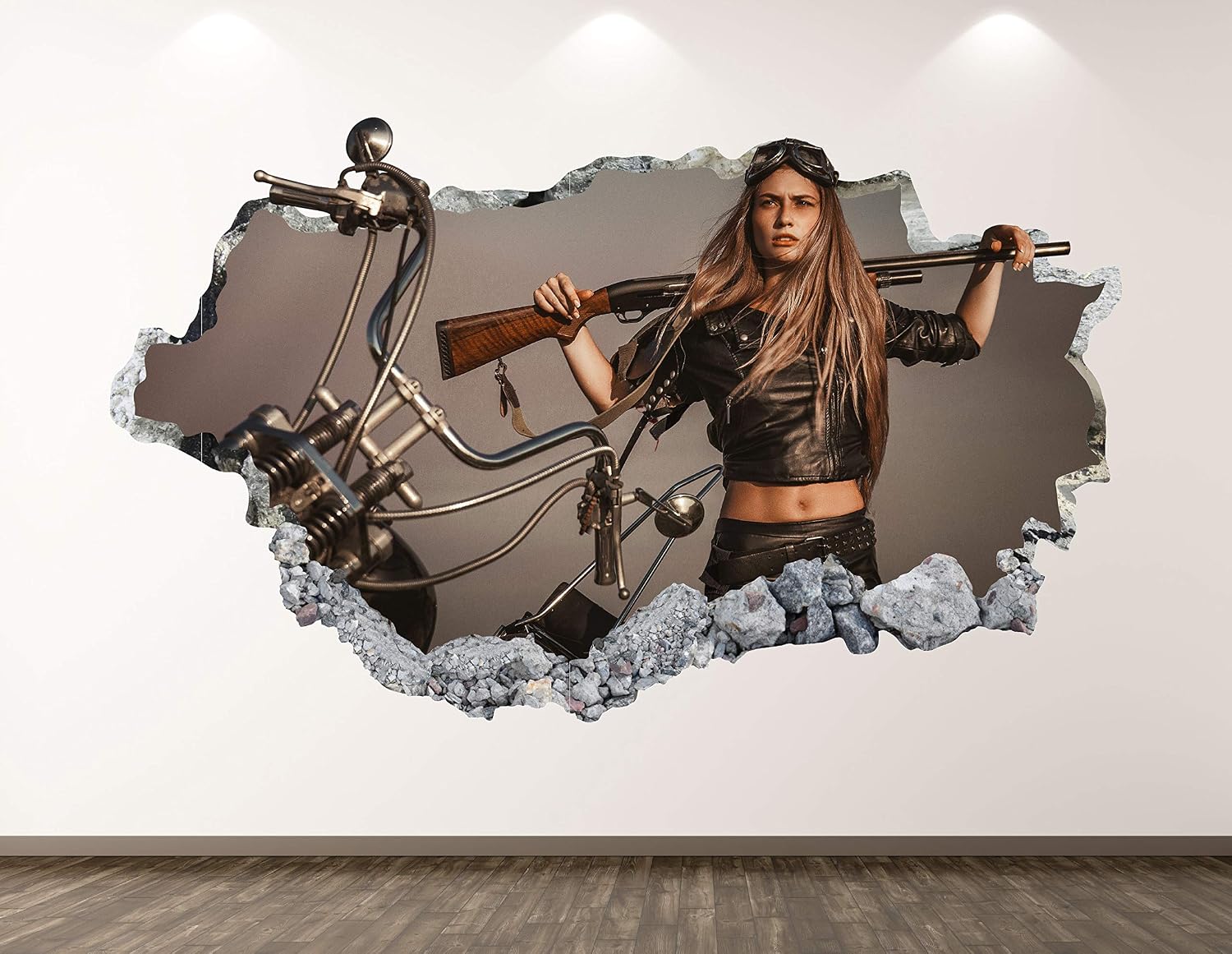 Biker Girl Wall Decal Art Decor 3D Smashed Shotgun Rider Sticker Poster Kids Room Mural Custom Gift BL2321 (30"W x 18"H)