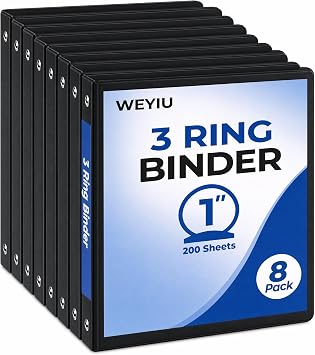 1 inch 3-Ring Binder, 1" Round Ring Binder with 2 Interior Pockets, Holds 200 Sheets US Letter Size 8.5 x 11, Clear View Binders for Office, Home, and School 8-Pack Black
