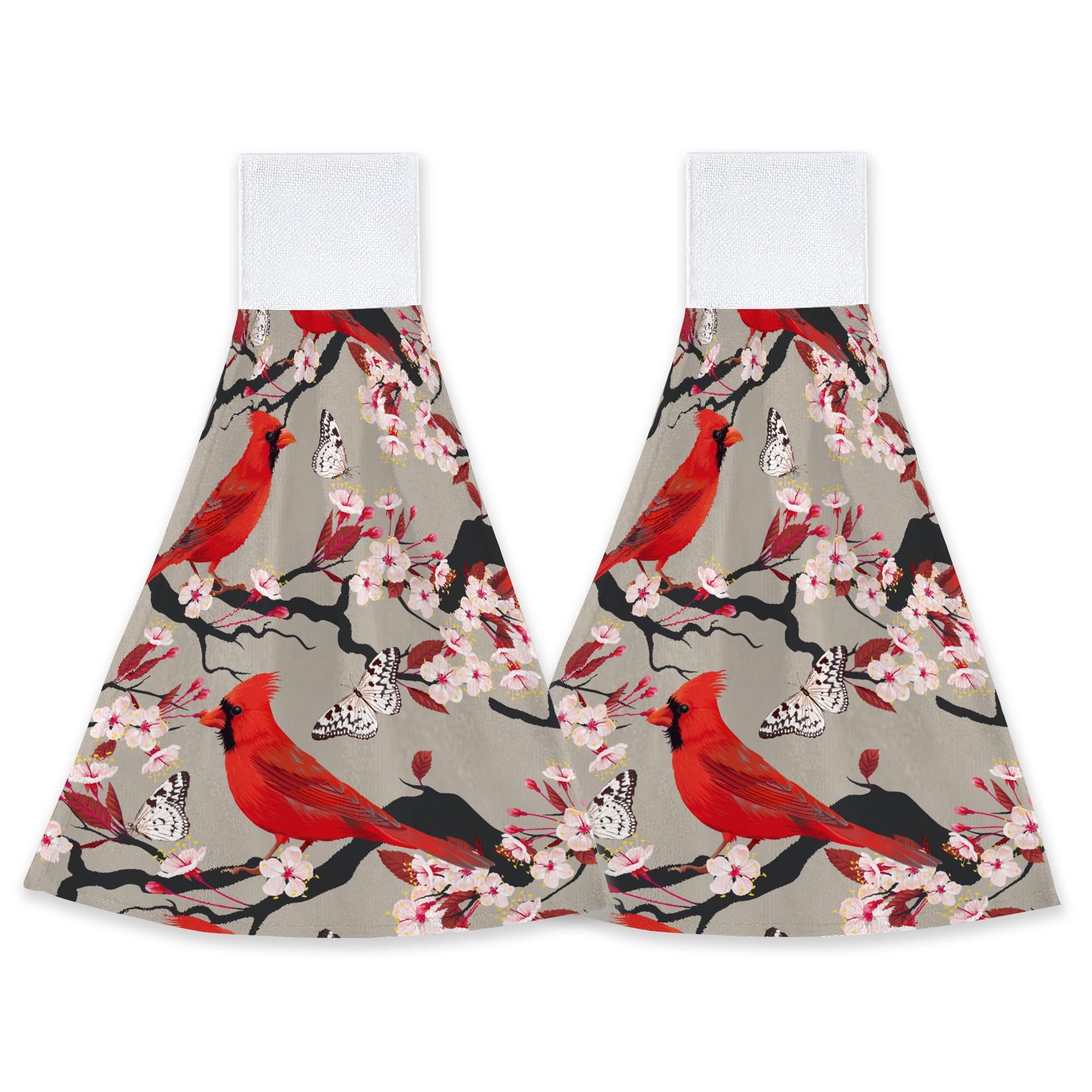 Hand Towels Red Cardinal Bird Hanging Kitchen Towels 2 PCS Dish Cherry Blossom Towel Fast Drying Hanging Tie Towels for Bathroom Home 12x17 Inch