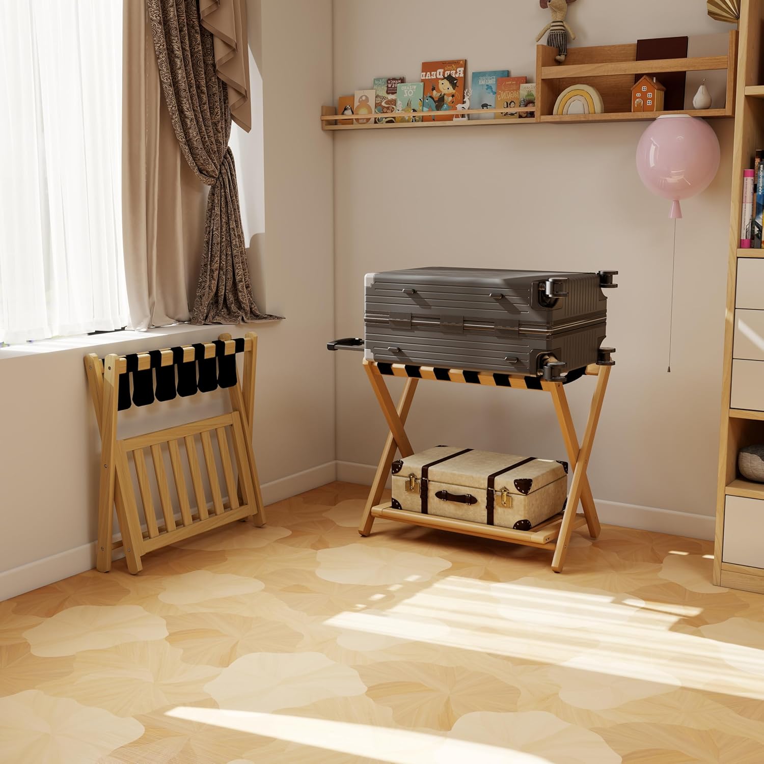 Luggage Rack, Foldable Suitcase Stand with Storage Shelf and 5 Heavy-Duty Straps, Bamboo Luggage Holders for Guest Room, Bedroom and Hotel - Natural