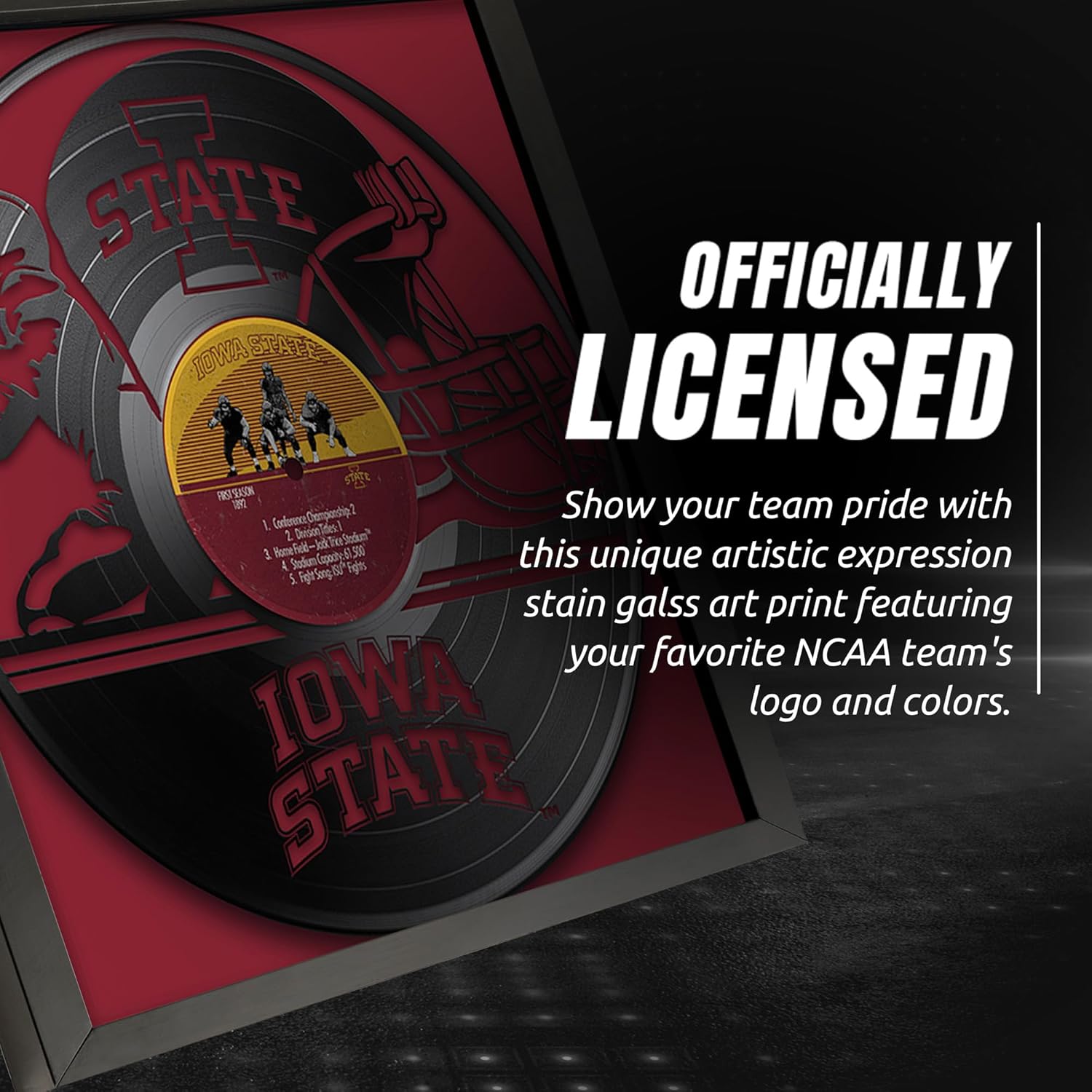 Sporticulture NCAA Iowa State Football Wall Art Framed Vinyl Record Decor Print - 13X13 Ready-to-Hang Posters For Boys Bedroom & Decorations for Man Cave