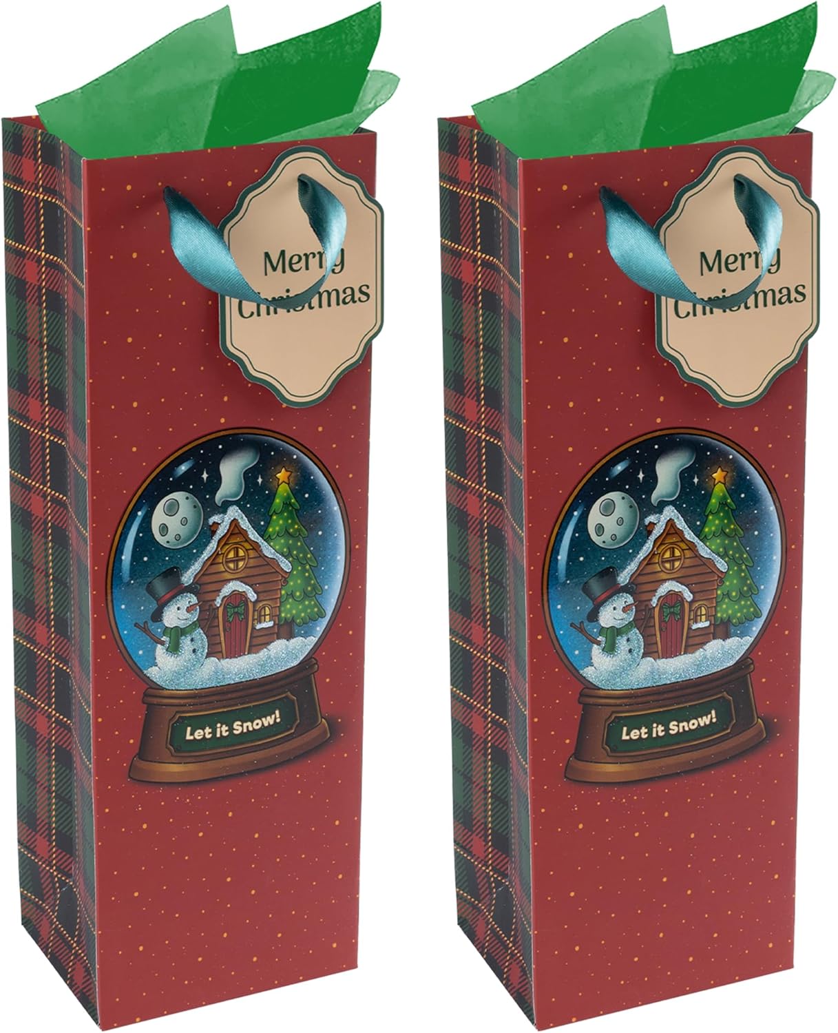 RACHELLE'S Christmas Wine Bags – 14"x5"x4" (10-Pack) – Sturdy Paper Gift Bags with Tissue Paper, Tag and Handle – Holiday Trees Design – Perfect for Christmas Holiday Gifting & Party Favors