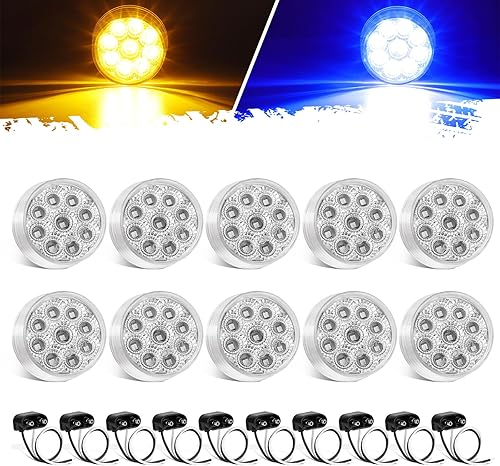 Partsam 10 luces marcadoras redondas de doble revolución de 2 pulgadas, 9 LED, luces laterales ámbar a luces auxiliares azules para camión de