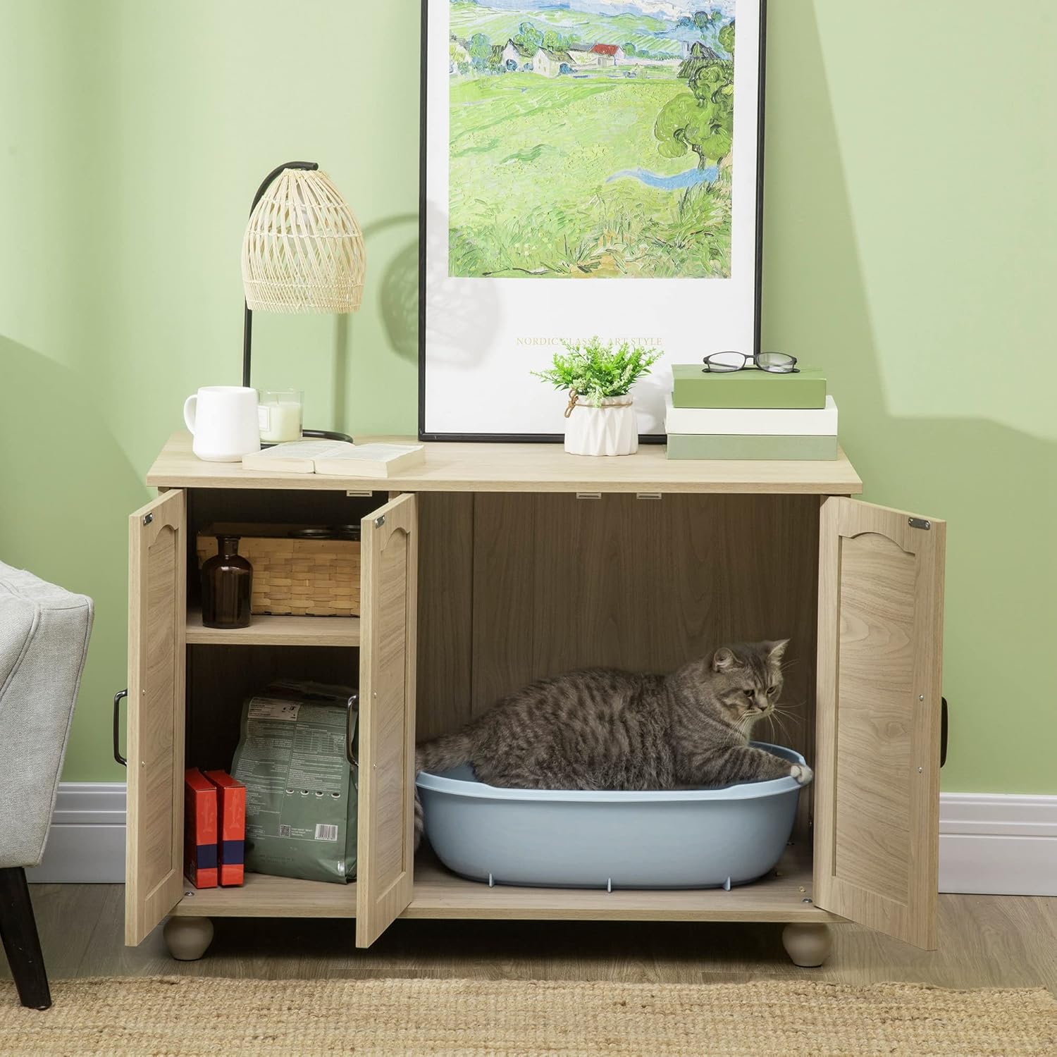 PawHut Cat Litter Box Enclosure Side Table, Hidden Cat Washroom Storage with Soft Cushion, Kitten House with PE Rattan, Adjustable Partition, for Indoor Use, Oak