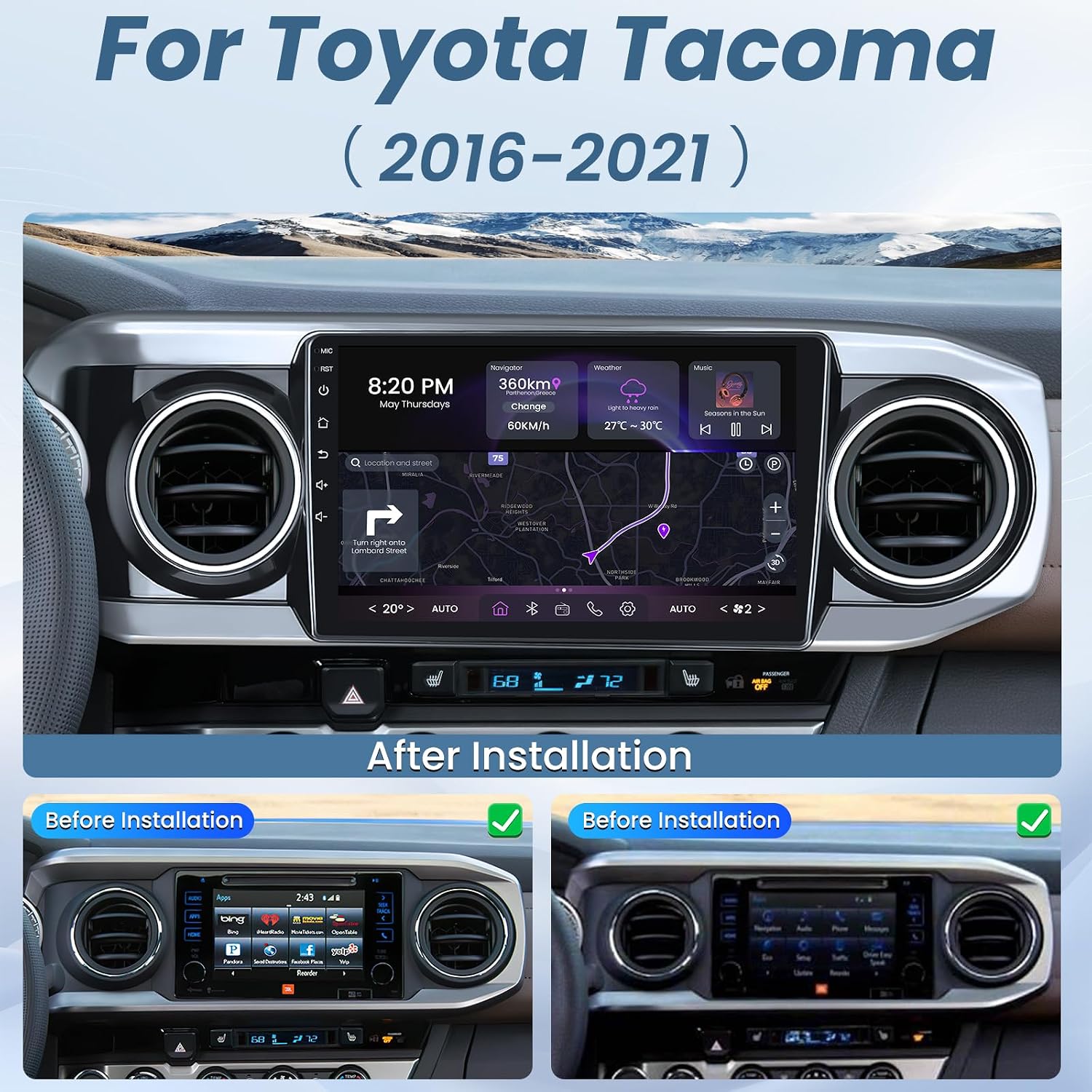 [8GB RAM + 256GB ROM] Car Radio Stereo for Toyota Tacoma 2016-2021: 10" Touch Screen Head Unit with Wireless Carplay and Android Auto 5G WiFi GPS Navigation Bluetooth AM FM SWC Backup Camera