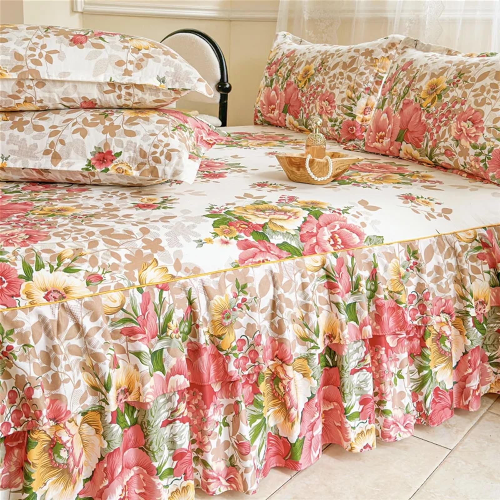 Falda de Cama de Estilo Floral, Colcha de Encaje de Doble Capa, Funda de Cama con Volantes, Protector de colchón for el hogar FaldóN De Cama Ruffle Wrap Colcha Gruesa(C,180x220cm 1pc)