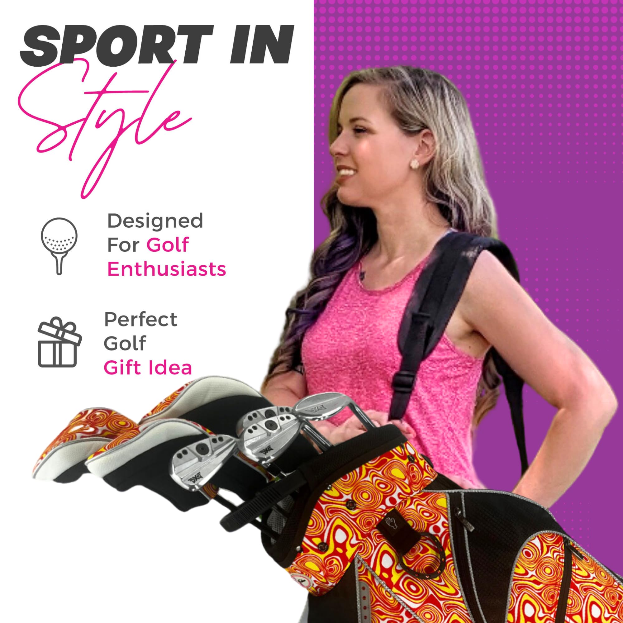 Womens Designer Golf Club Covers 4 Pack - Taboo Fashions Numbered Head Covers for Driver Woods & Hybrid - Weather/Moisture Resistant Protection (Colorful Patterns)