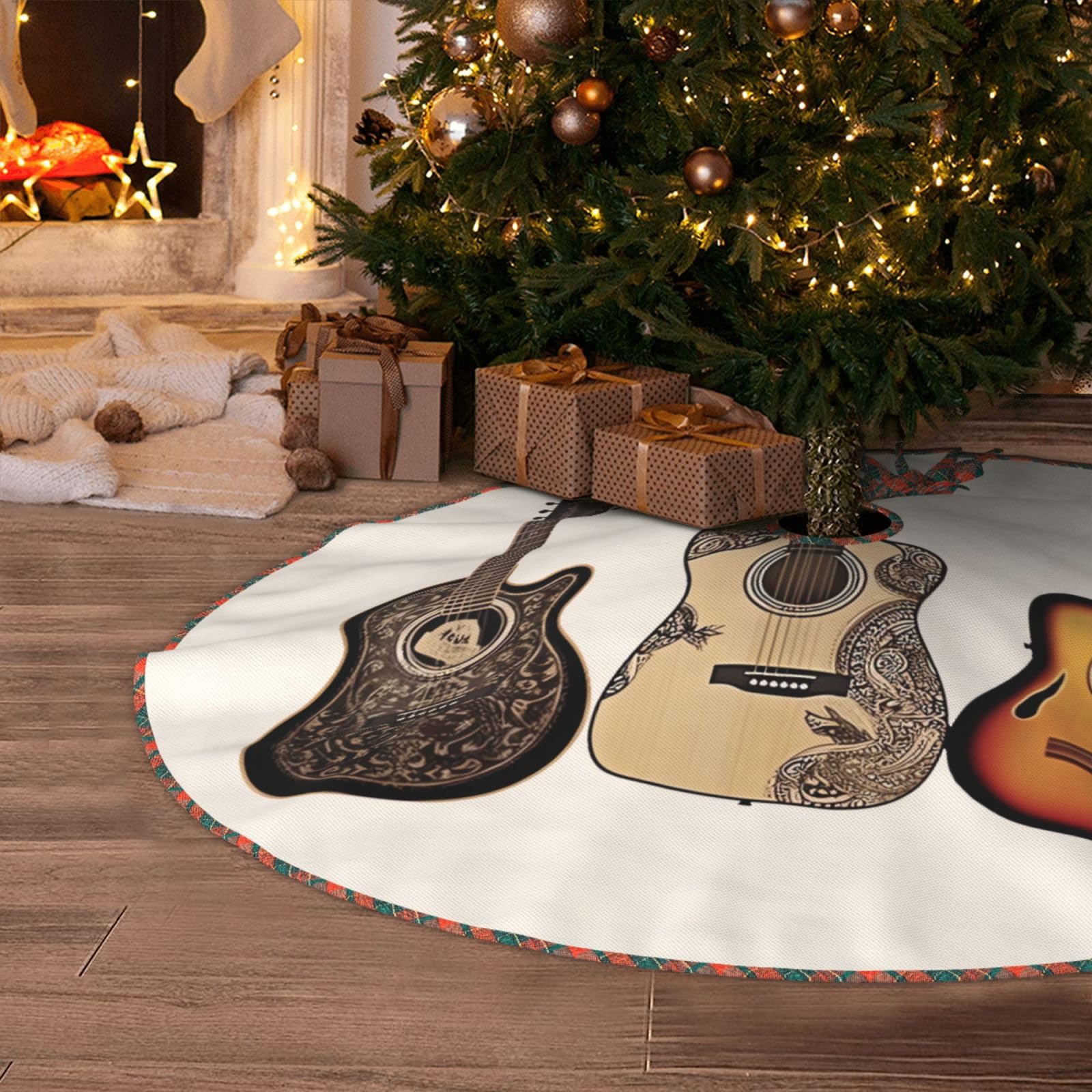 Guitar Christmas Tree Skirt 48" Artificial Tree Mat Cover Merry Christmas Burlap Xmas Tree Skirt for Christmas Decoration Holiday Indoor Outdoor Winter Party Decor