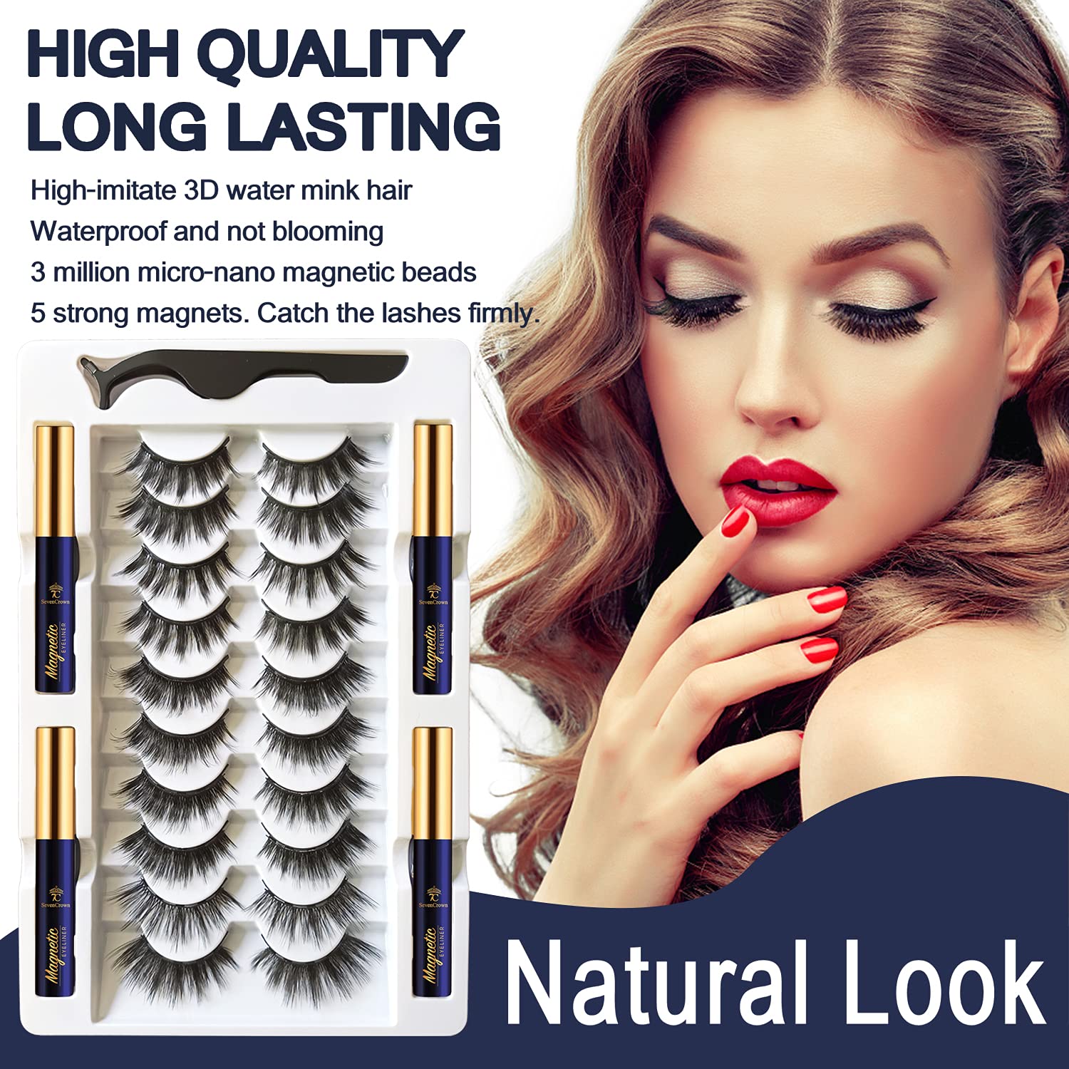 SevenCrown Magnetic Eyelashes with Eyeliner Kit, 10 Pairs 3D Medium Cat Eye