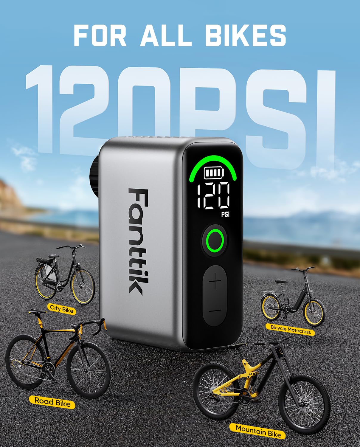 Bomba eléctrica para Bicicletas Fanttik X10 Ace Tiny Mini, Bomba de Aire compacta de 120 PSI con válvula Presta y Schrader, Bomba eléctrica de inflado rápido para Bicicletas,