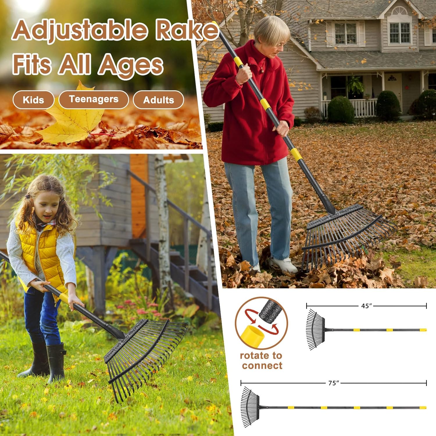 Leaf Rake 18” Wide Heavy Duty Metal 25 Tines Garden Rake Set with 30-90” Adjustable Long Handle for Yard Grass Shrub Mulch Including 32Gallon Garden Bag Leaf Scoops
