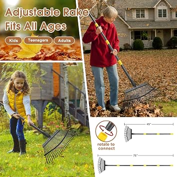 Leaf Rake 18 Wide Heavy Duty Metal 25 Tines Garden Rake Set with 30-75 Adjustable Long Handle for Yard Grass Shrub Mulch Including 32Gallon Garden Bag Leaf Scoops