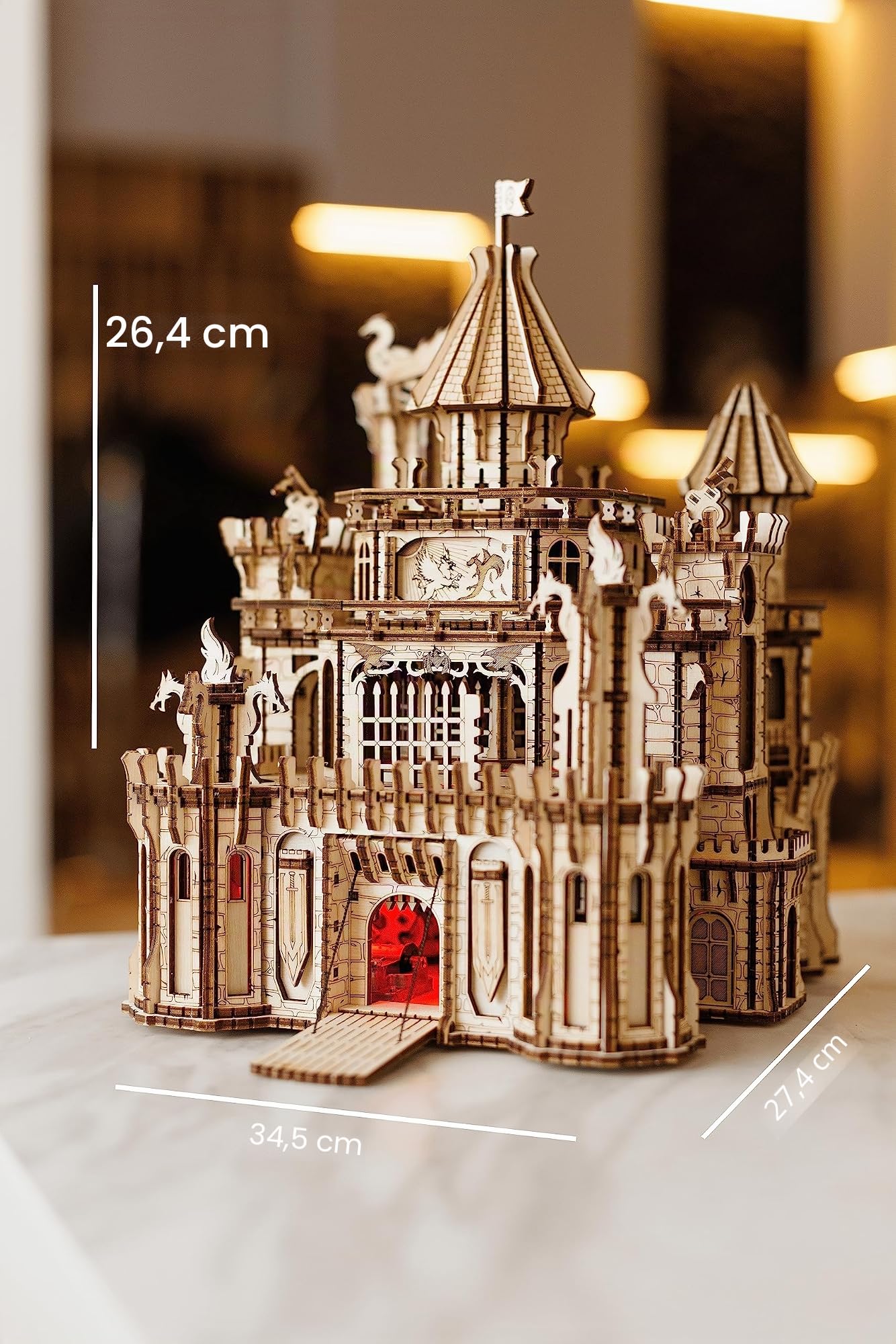 Wood Trick Dragon Castle Puzzle 3D di Legno per Adulti da Costruire | [978 Pezzi] LED Rosso e Torri Rotanti - Melodia Greensleeves - Kit di Montaggio Meccanico in Legno DIY per Adulti