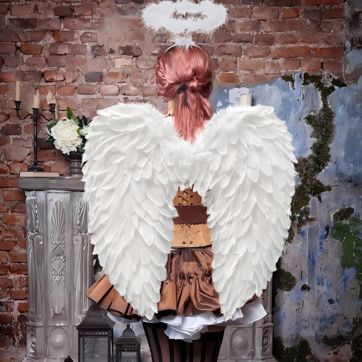 60 cm, ali d'angelo bianche con alone, ali d'angelo, angelo di piuma, ali d'angelo, per donne e ragazze, costume per feste di carnevale, travestimento