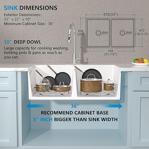 Miniatura 4 de Fulorni - Fregadero de granja blanco con 33 cuencos dobles de 33 x 18 pulgadas, delantal plano delantero, cuenco doble de cerámica de porcelana de