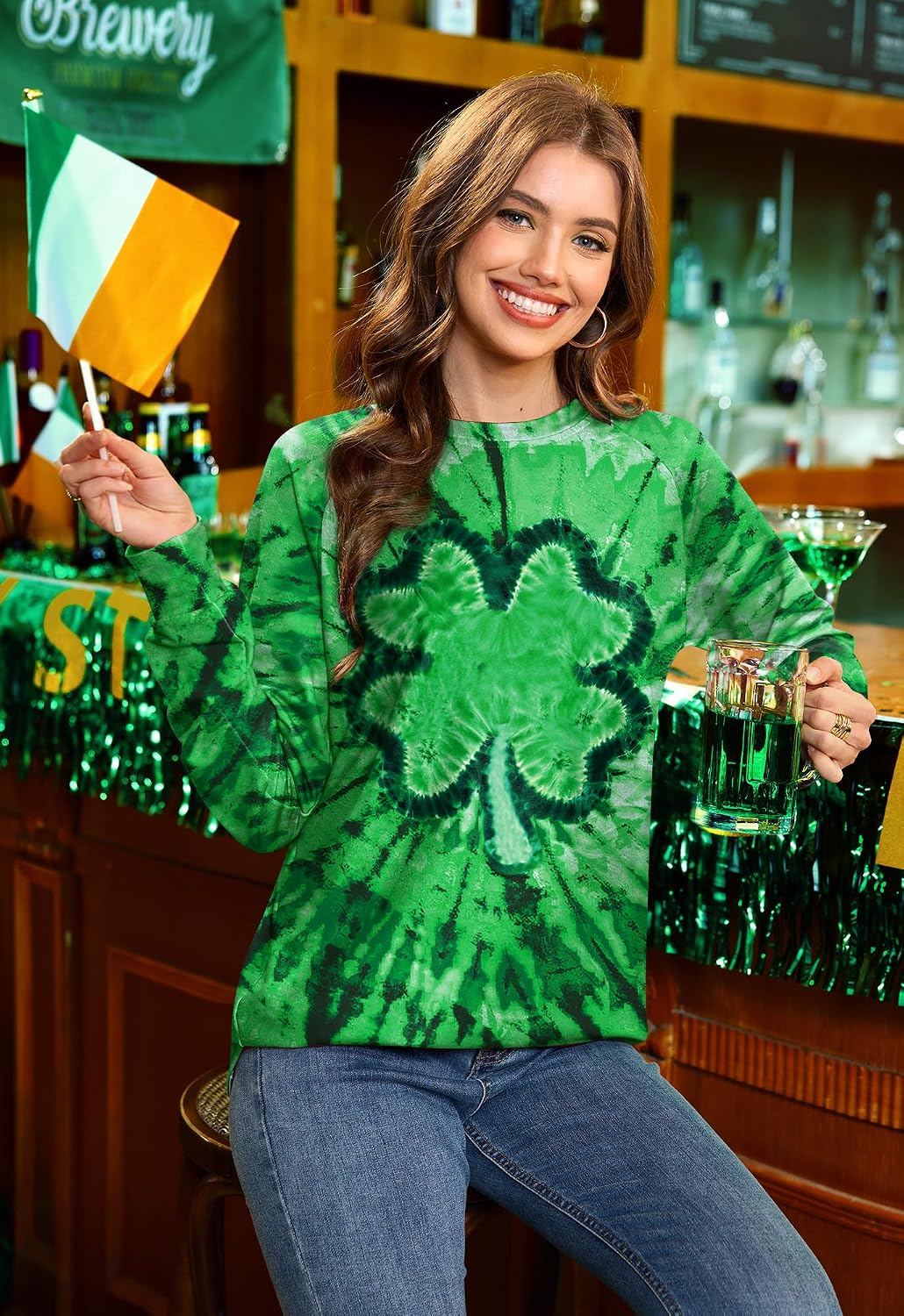 For G and PL Womens Irish Festival Tie Dye 4-Leaf Shamrock Sweatshirt Printed St. Patrick's Day Top Bright Green Clover XXL