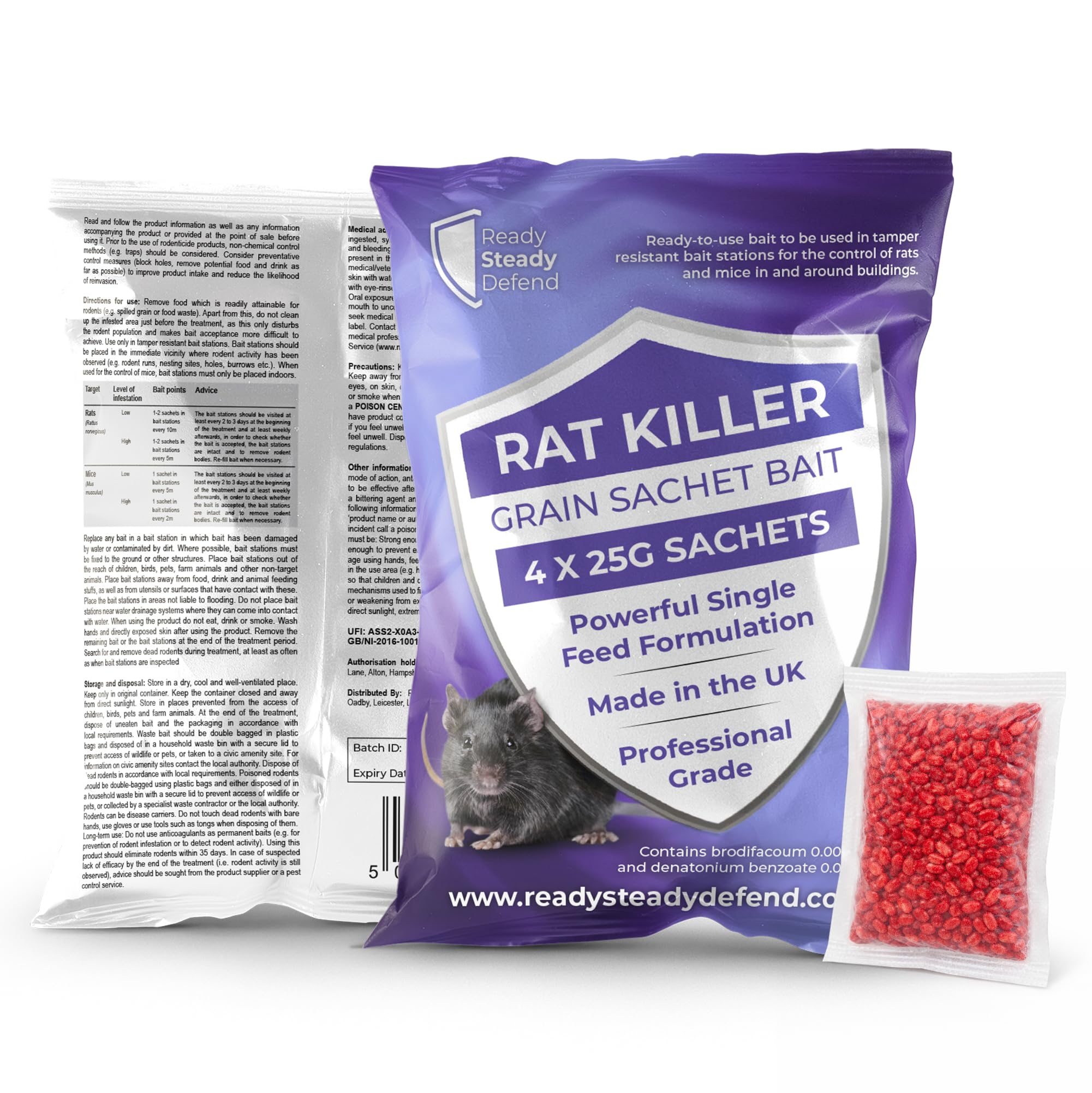 Rat Poisoning Super Strength Grain 4 x 25g Pack Powerful Single Feed Rat Killer & Mouse Poison Brodifacoum Bait Easy to Use Sachets for Indoor and Outdoor Rodent Control - Fast Acting Formula